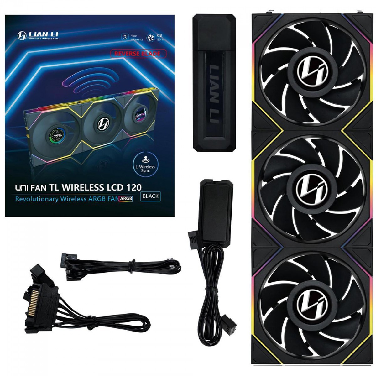Kit Fan Com 3 Unidades Lian Li Uni Fan TL Wireless LCD, Reverse Blade, ARGB, 120mm, Com Tela, Black, 12RTLLCD1W3B