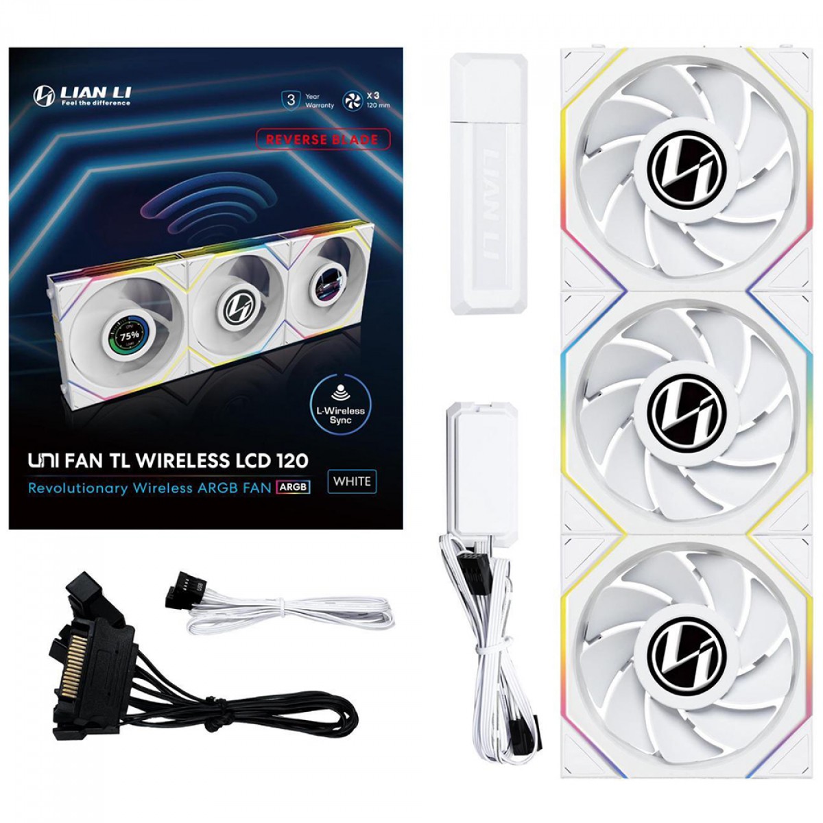 Kit Fan Com 3 Unidades Lian Li Uni Fan TL Wireless LCD, Reverse Blade, ARGB, 120mm, Com Tela, White, 12RTLLCD1W3W