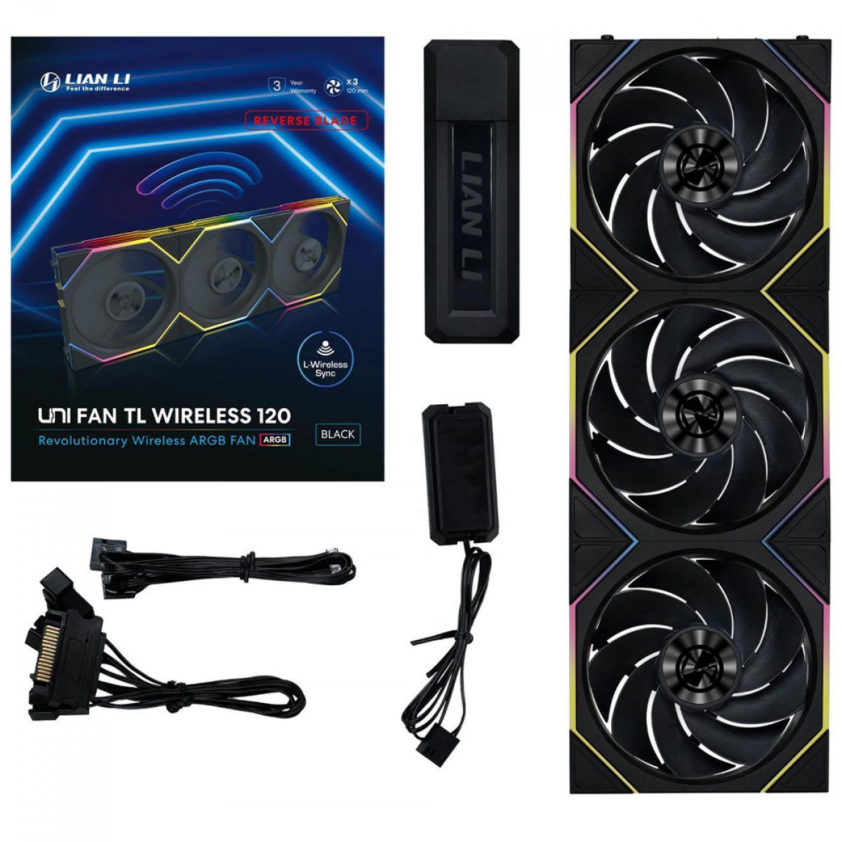 Kit Fan Com 3 Unidades Lian Li Uni Fan TL Wireless, Reverse Blade, ARGB, 120mm, Black, 12RTL1W3B