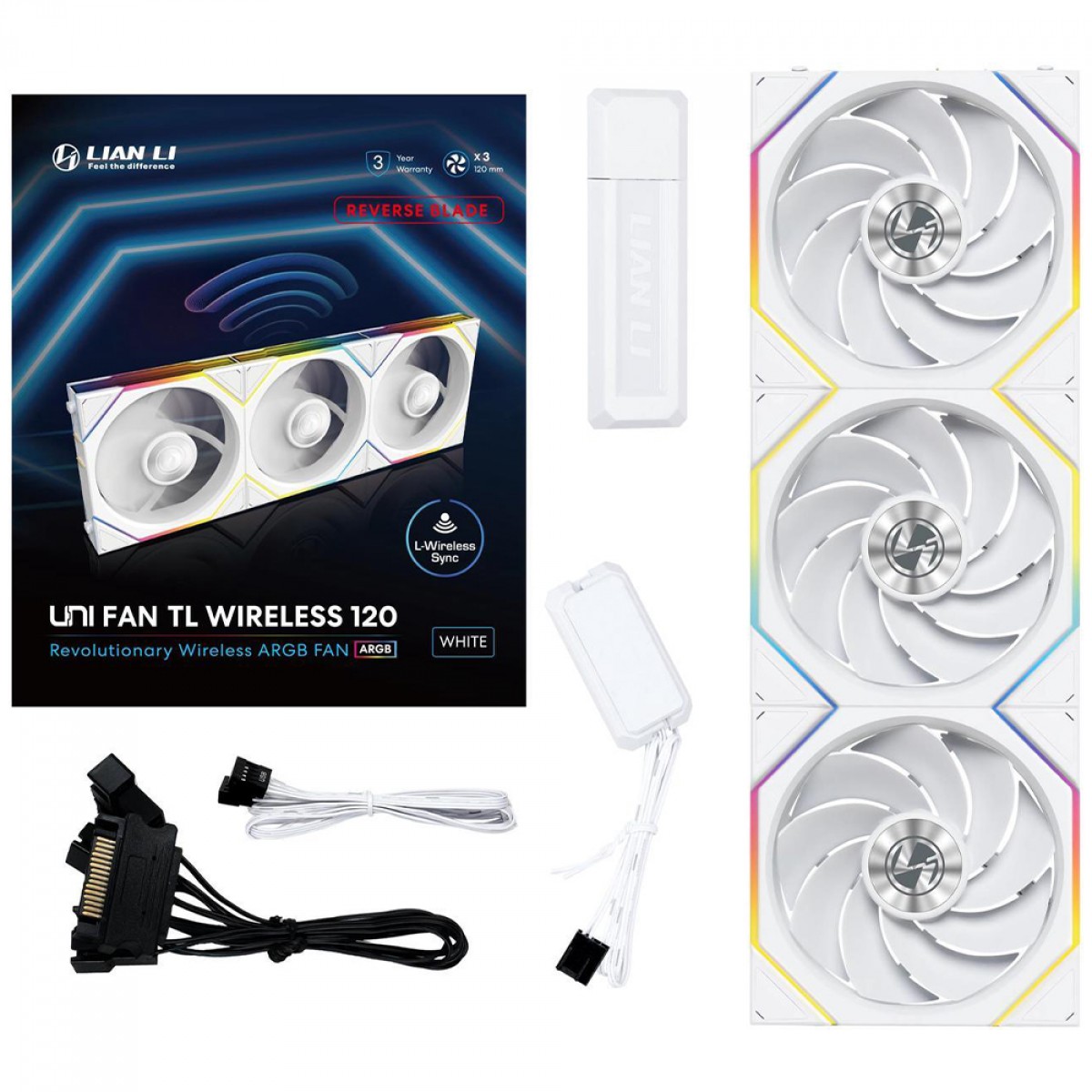 Kit Fan Com 3 Unidades Lian Li Uni Fan TL Wireless, Reverse Blade, ARGB, 120mm, White, 12RTL1W3W