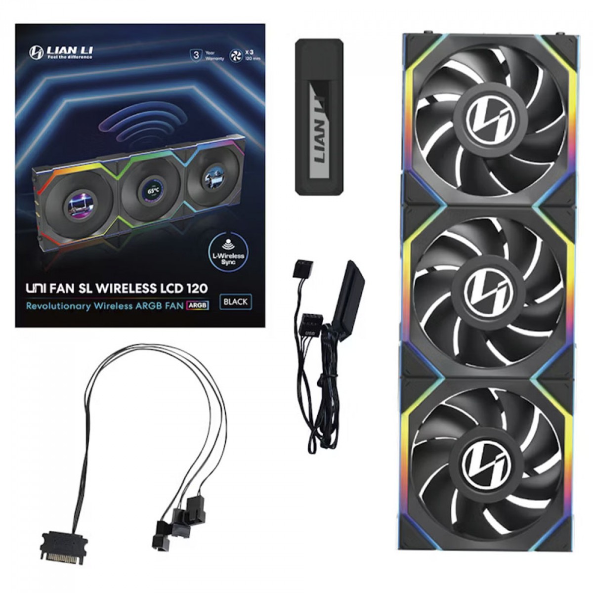 Kit Fan Com 3 Unidades Lian Li Uni Fan SL Wireless LCD, ARGB, 120mm, Com Tela, Black, 12SLLCD1W3B