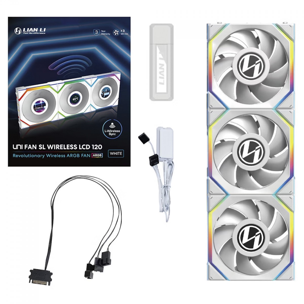 Kit Fan Com 3 Unidades Lian Li Uni Fan SL Wireless LCD, ARGB, 120mm, Com Tela, White, 12SLLCD1W3W