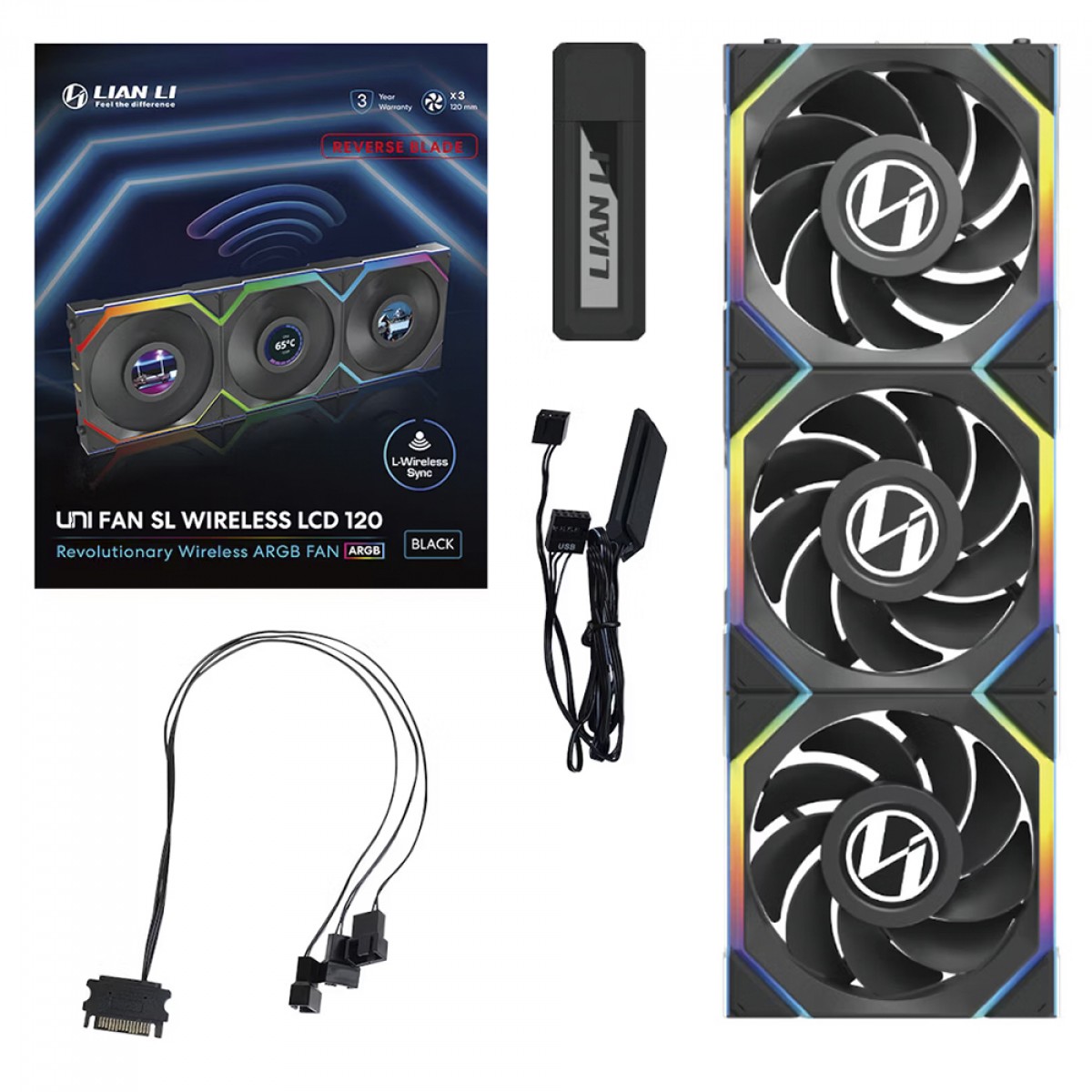 Kit Fan Com 3 Unidades Lian Li Uni Fan SL Wireless LCD, Reverse Blade, ARGB, 120mm, Com Tela, Black, 12RSLLCD1W3B
