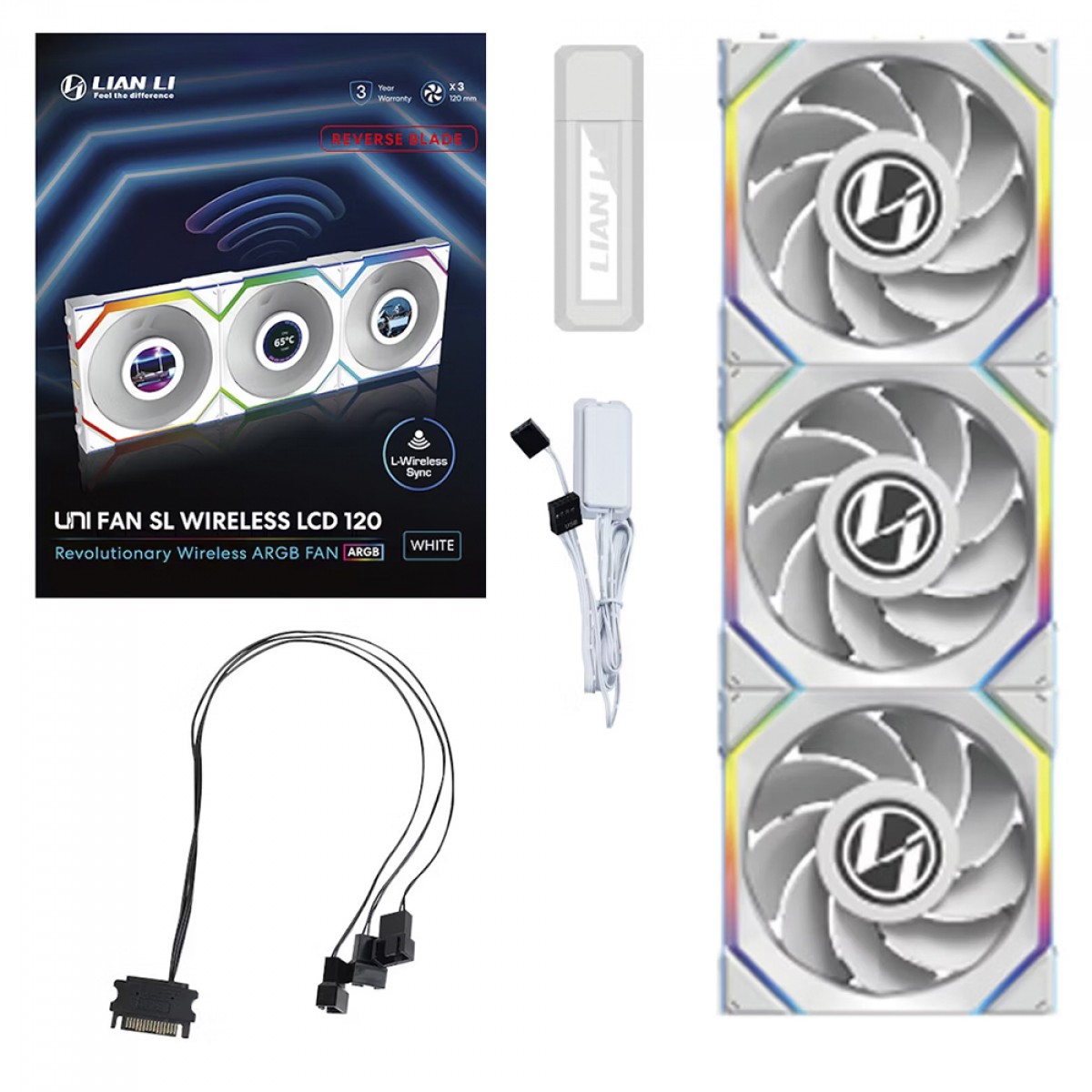 Kit Fan Com 3 Unidades Lian Li Uni Fan SL Wireless LCD, Reverse Blade, ARGB, 120mm, Com Tela, White, 12RSLLCD1W3W