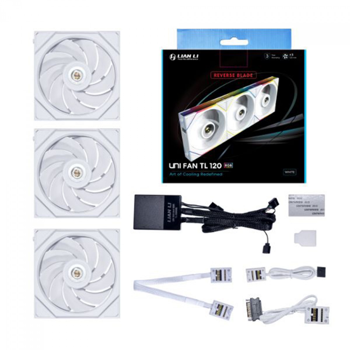Kit Fan Com 3 Unidades Lian Li Uni Fan TL Reverse Blade, RGB, 120mm, PWM, White, Com Controladora, 12RTL3W WHITE