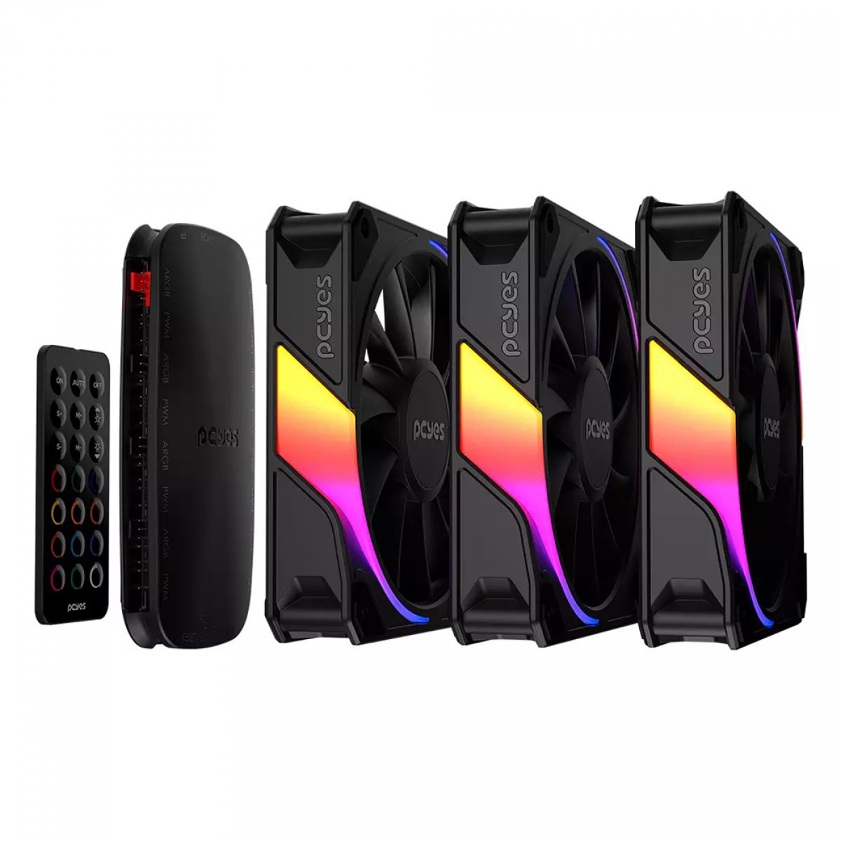 Kit Fan Com 3 Unidades PCYES Sangue Frio 3 ARGB Black Vulcan, 120mm, Com Controladora, Preto, K3ARGBSF3BVBR
