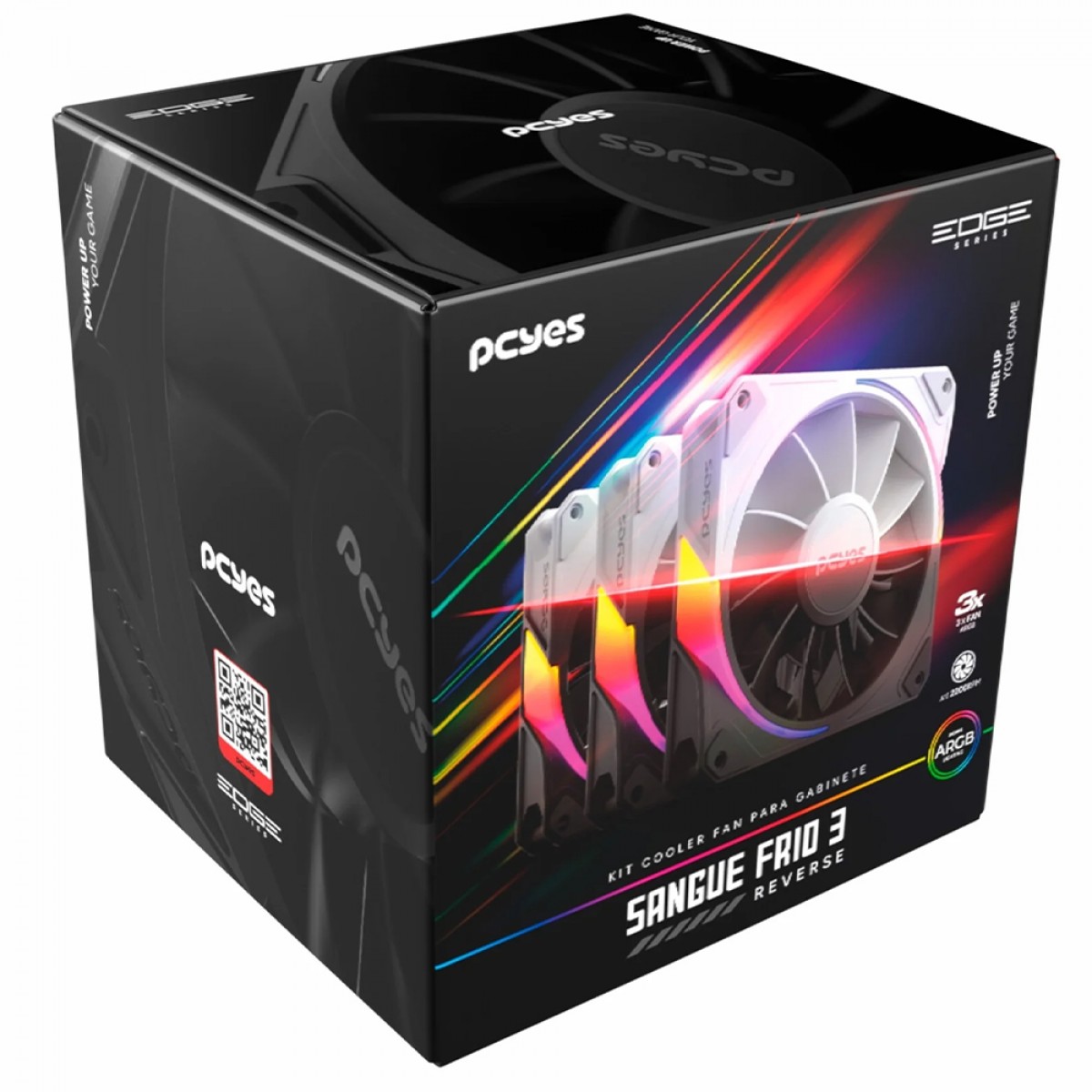 Kit Fan Com 3 Unidades PCYes Sangue Frio 3 ARGB Black Vulcan, Reverse, 120mm, Preto, K3ARGBSF3RVBR