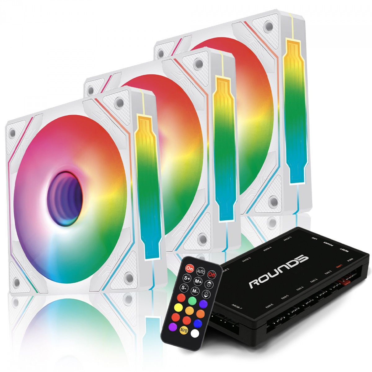 Kit Fan com 3 Unidades Round5 Aurora White, ARGB, 120mm, Com Controladora, PWM, Branco, R5-KIT-AURORA-FW-W-2218