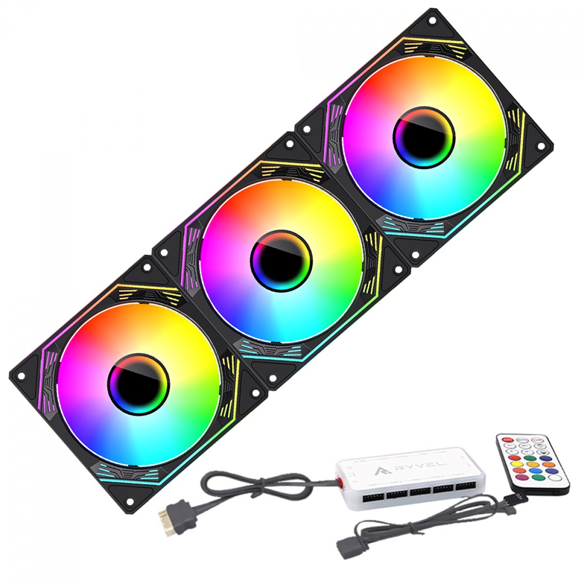 Kit Fan Com 3 Unidades Ryvel Aspen Black, ARGB, 120mm, Com Controladora, Preto, RY-FN-AP-BL