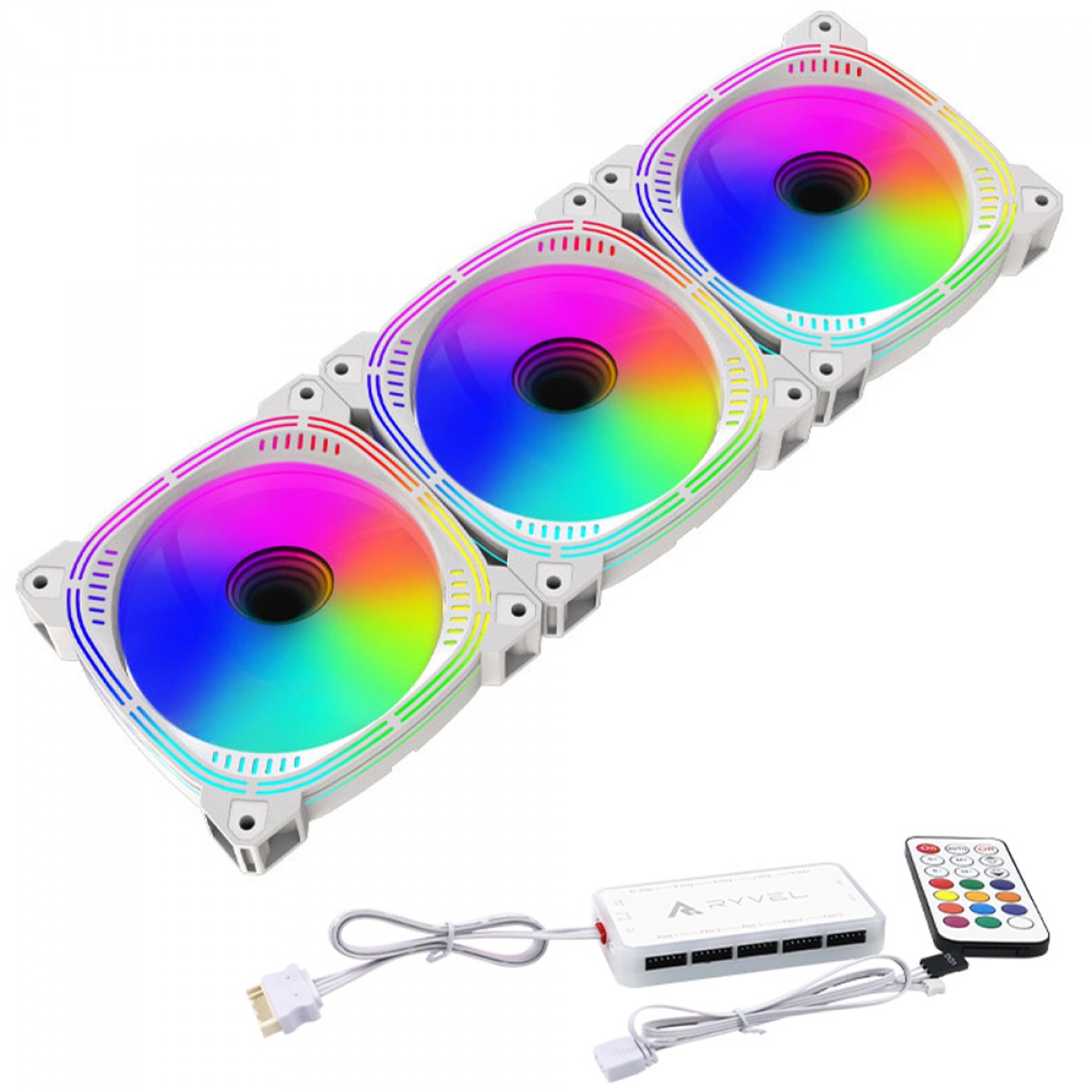 Kit Fan Com 3 Unidades Ryvel Blanc White, ARGB, 120mm, Com Controladora, Branco, RY-FN-BL-WT