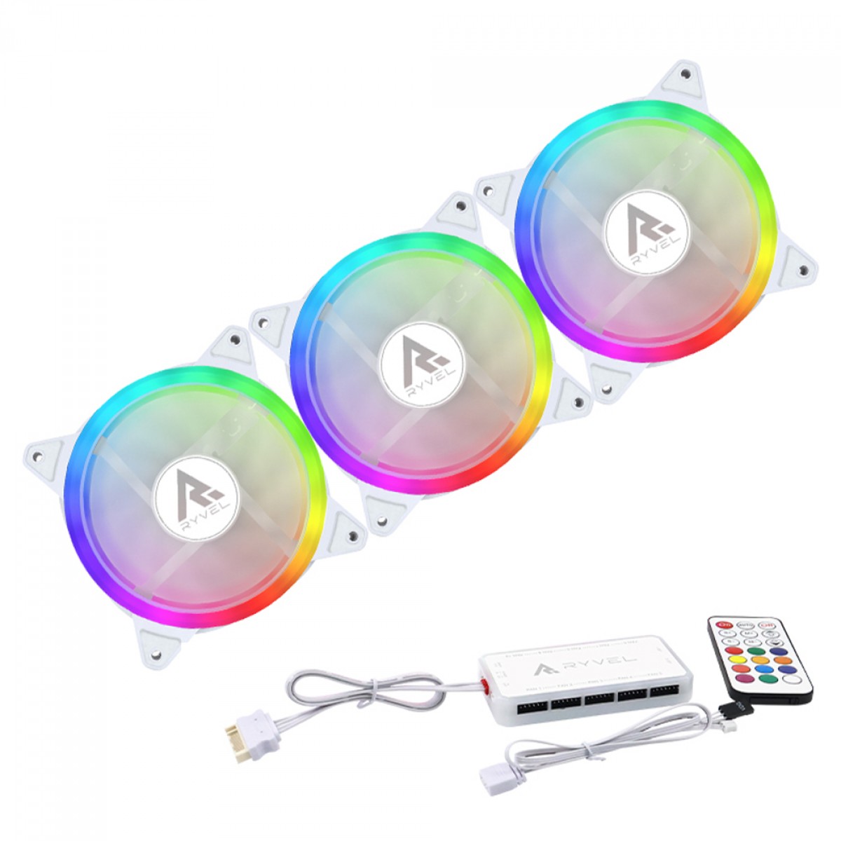 Kit Fan Com 3 Unidades Ryvel Luna White, ARGB, 120mm, Com Controladora, Branco, RY-FN-LN-WT
