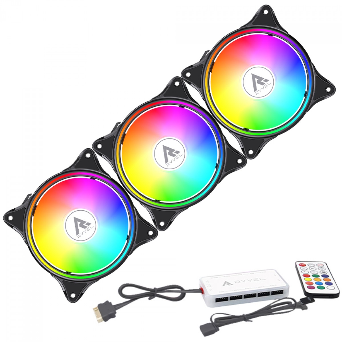 Kit Fan Com 3 Unidades Ryvel Lycan Black, ARGB, 120mm, Com Controladora, Preto, RY-FN-LY-BL