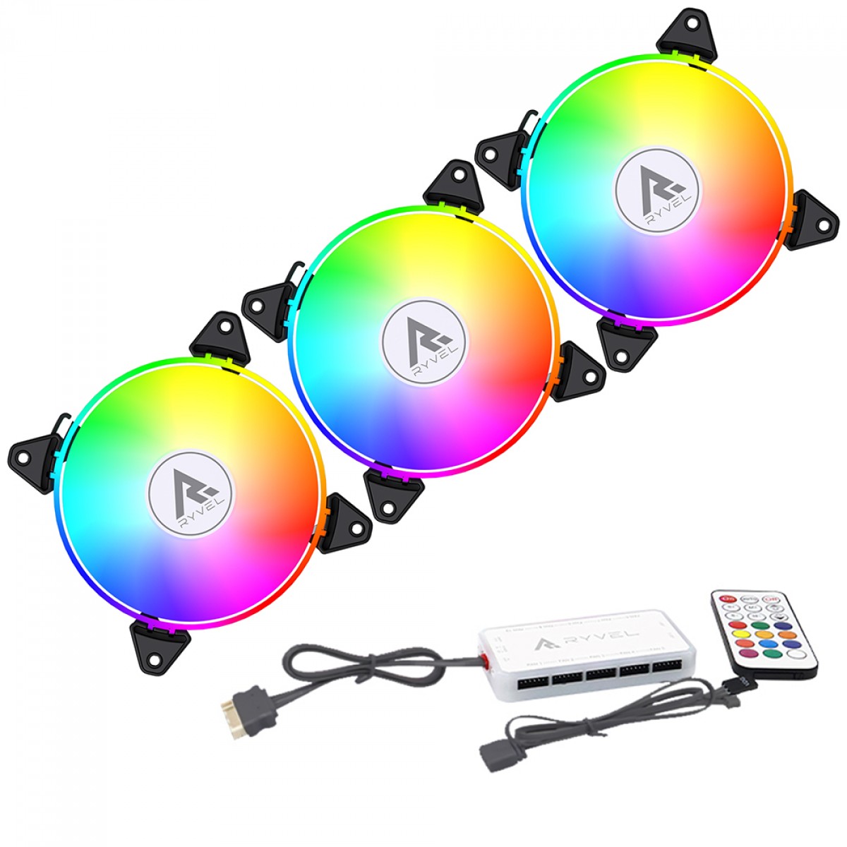 Kit Fan Com 3 Unidades Ryvel Snowy, ARGB, 120mm, Com Controladora, Preto, RY-FN-SW-BL