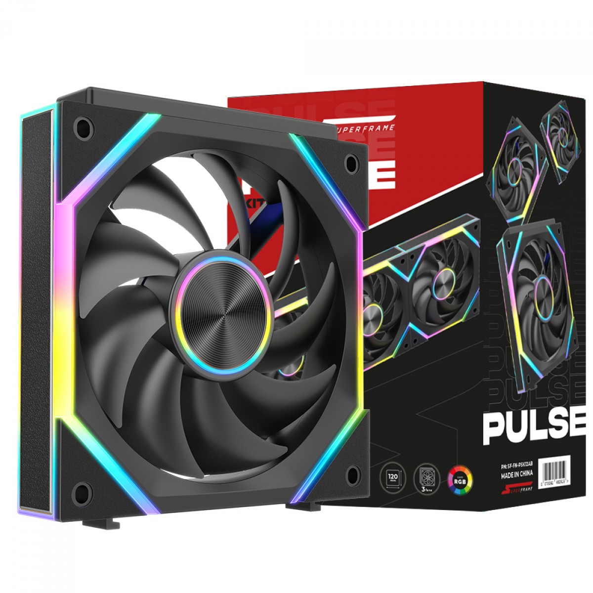 Kit Fan Com 3 Unidades SuperFrame Pulse, ARGB, 120mm, PWM, Preto, SF-FN-PSK12AB