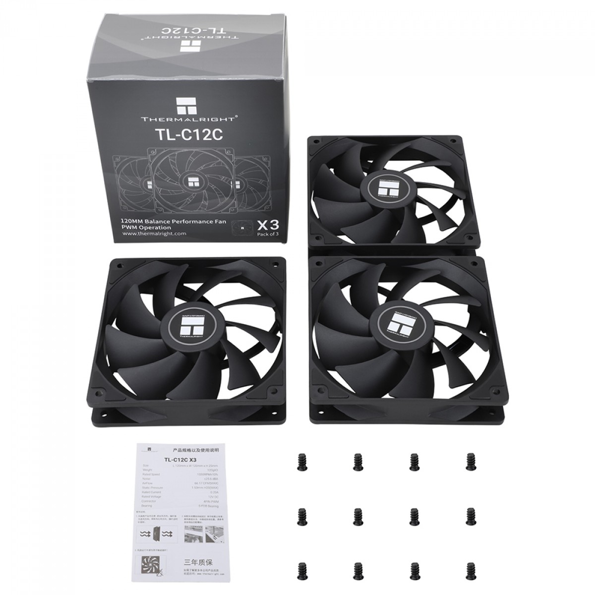Kit Fan Com 3 Unidades Thermalright TL-C12C, 120mm, PWM, Preto
