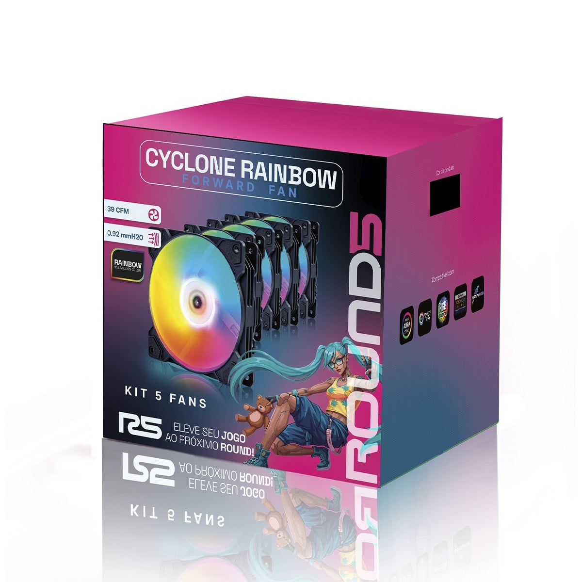 Kit Fan Com 5 Unidades Round5 Cyclone Forward, 120mm, Rainbow, Preto, R5-KIT-CYCLONE-FW-B-2288