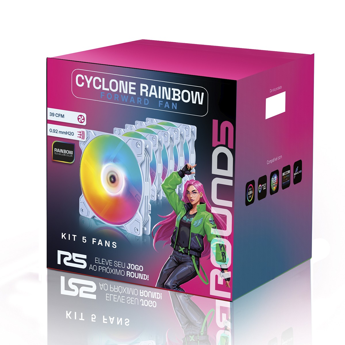Kit Fan Com 5 Unidades Round5 Cyclone Forward White, 120mm, Rainbow, Branco, R5-KIT-CYCLONE-FW-W-2289