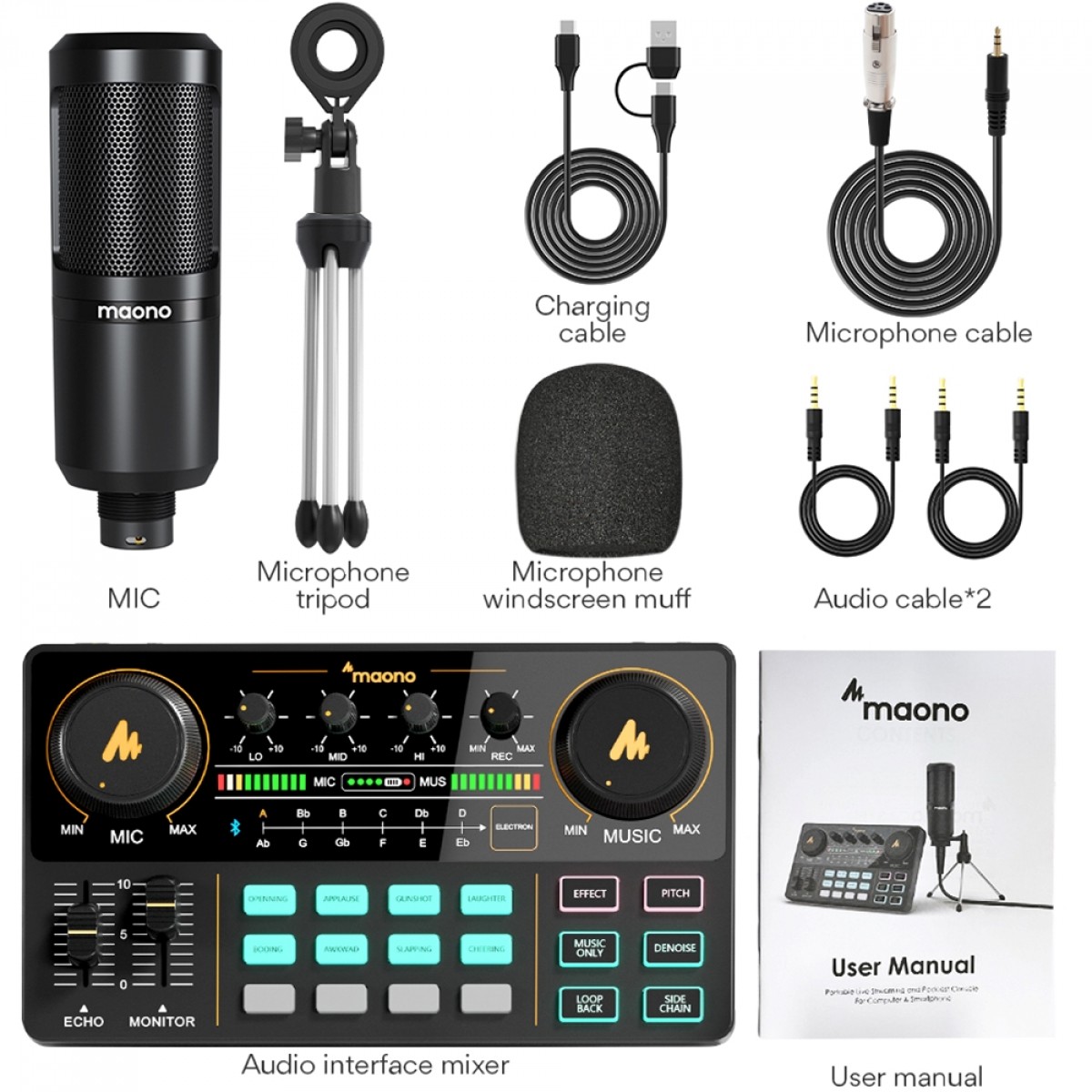 Kit Mesa De Som E Microfone Maono Caster Lite, USB, Bluetooth, Preto, AU-AM200 S1
