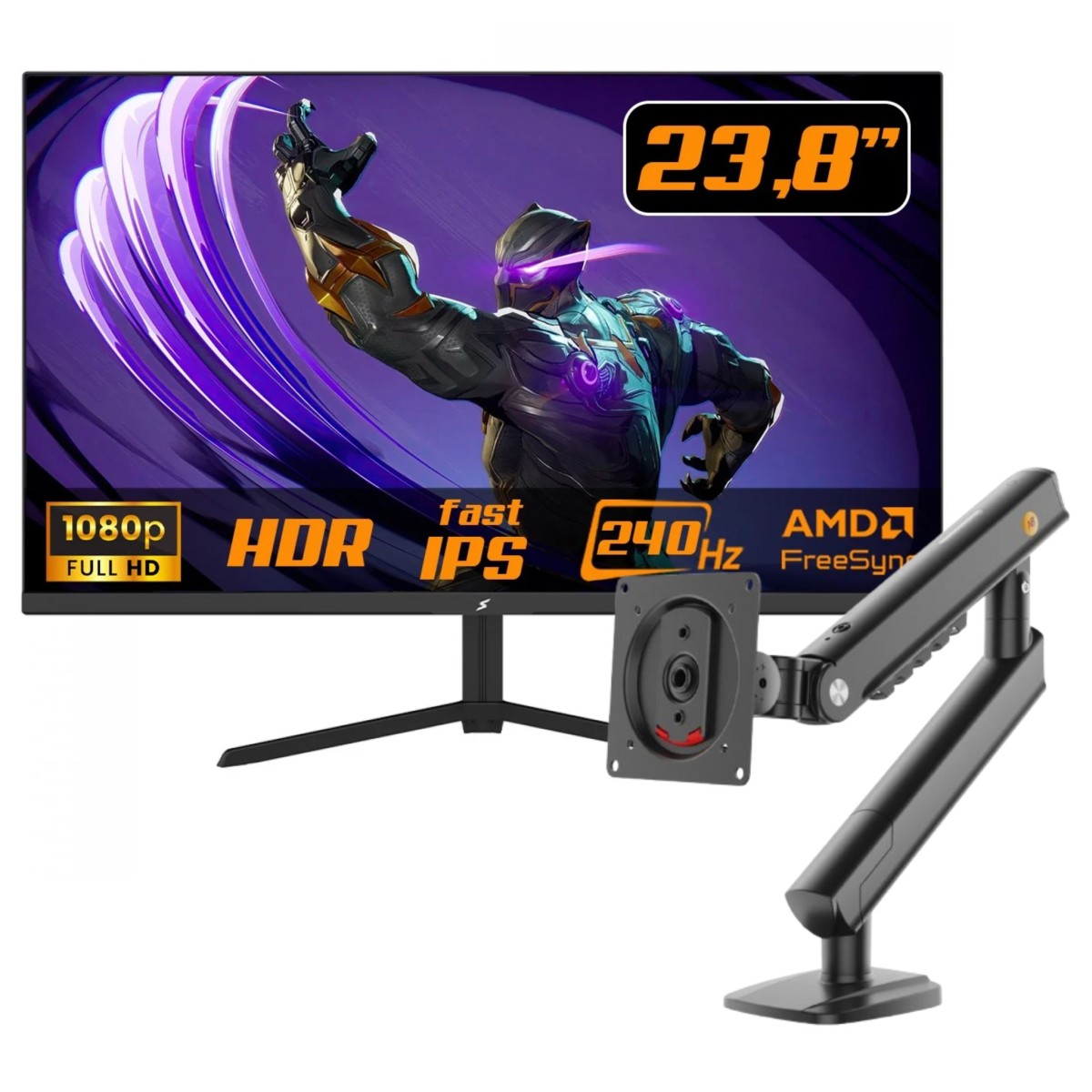 Kit Monitor Gamer SuperFrame Vision, 23.8 Pol + Suporte de Mesa Ergonômico North Bayou Single Arm A5-B