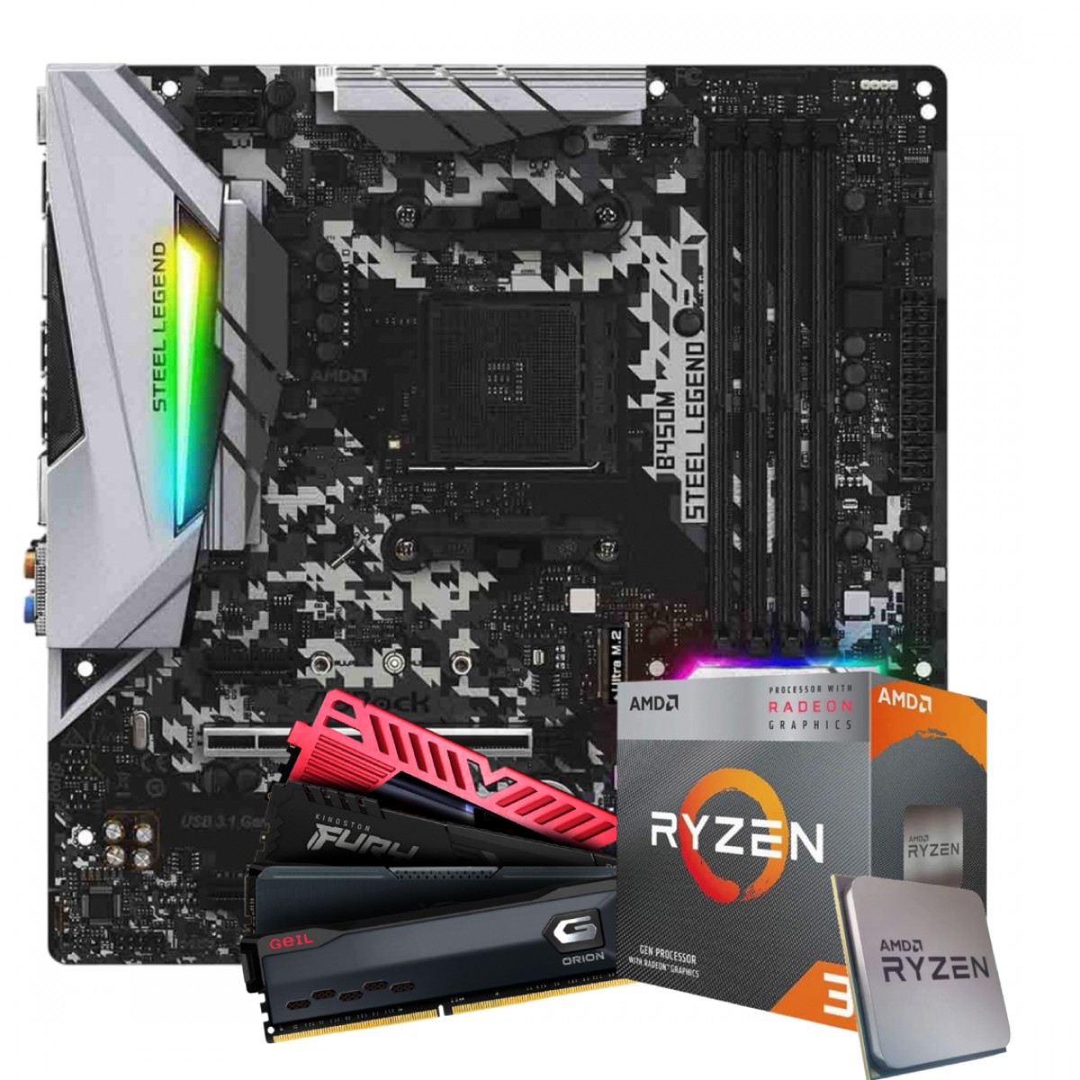 Kit Upgrade, AMD Ryzen 3 5300G, Placa Mãe ASRock B450M Steel Legend, Memória 8GB DDR4