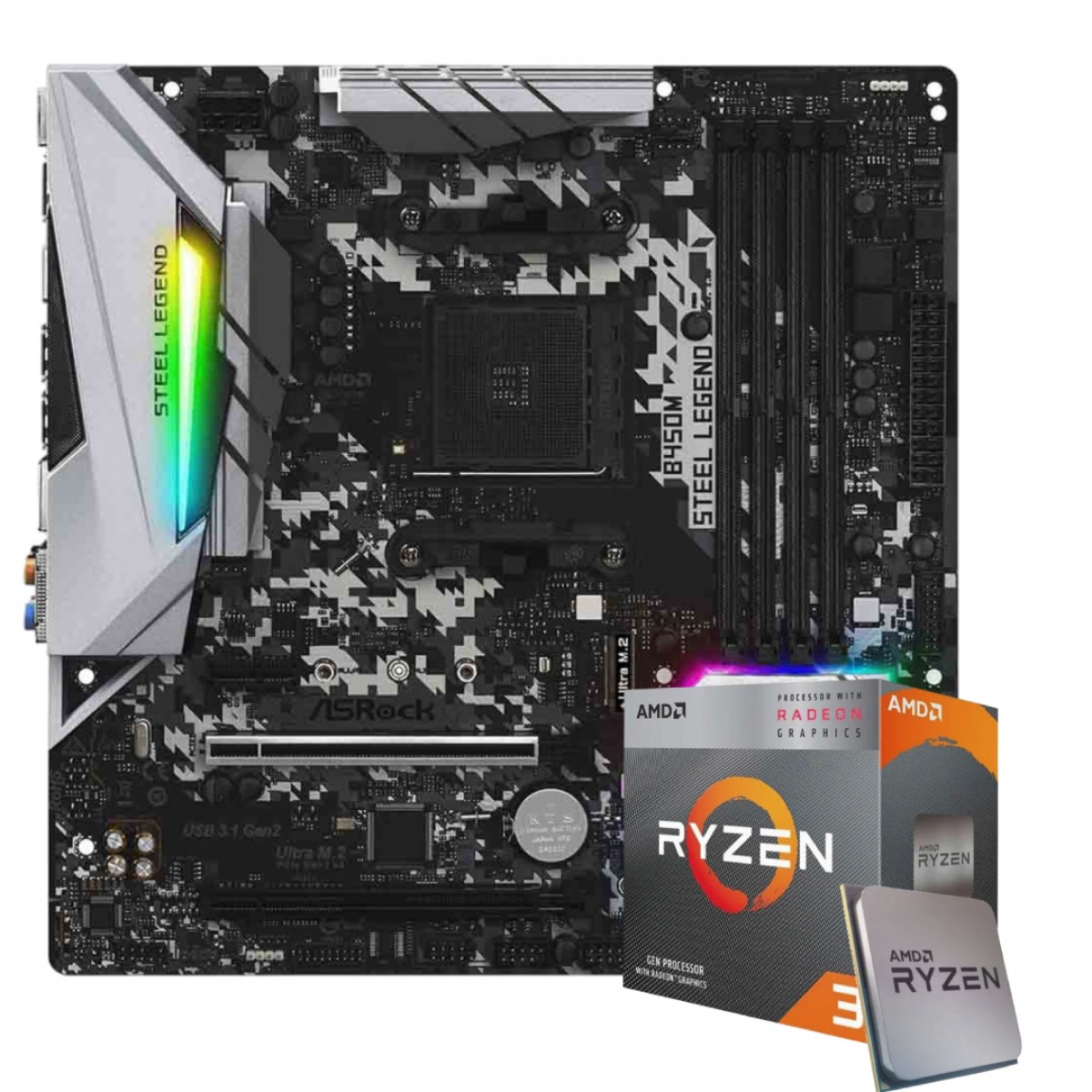Kit Upgrade, AMD Ryzen 3 5300G, Placa Mãe ASRock B450M Steel Legend
