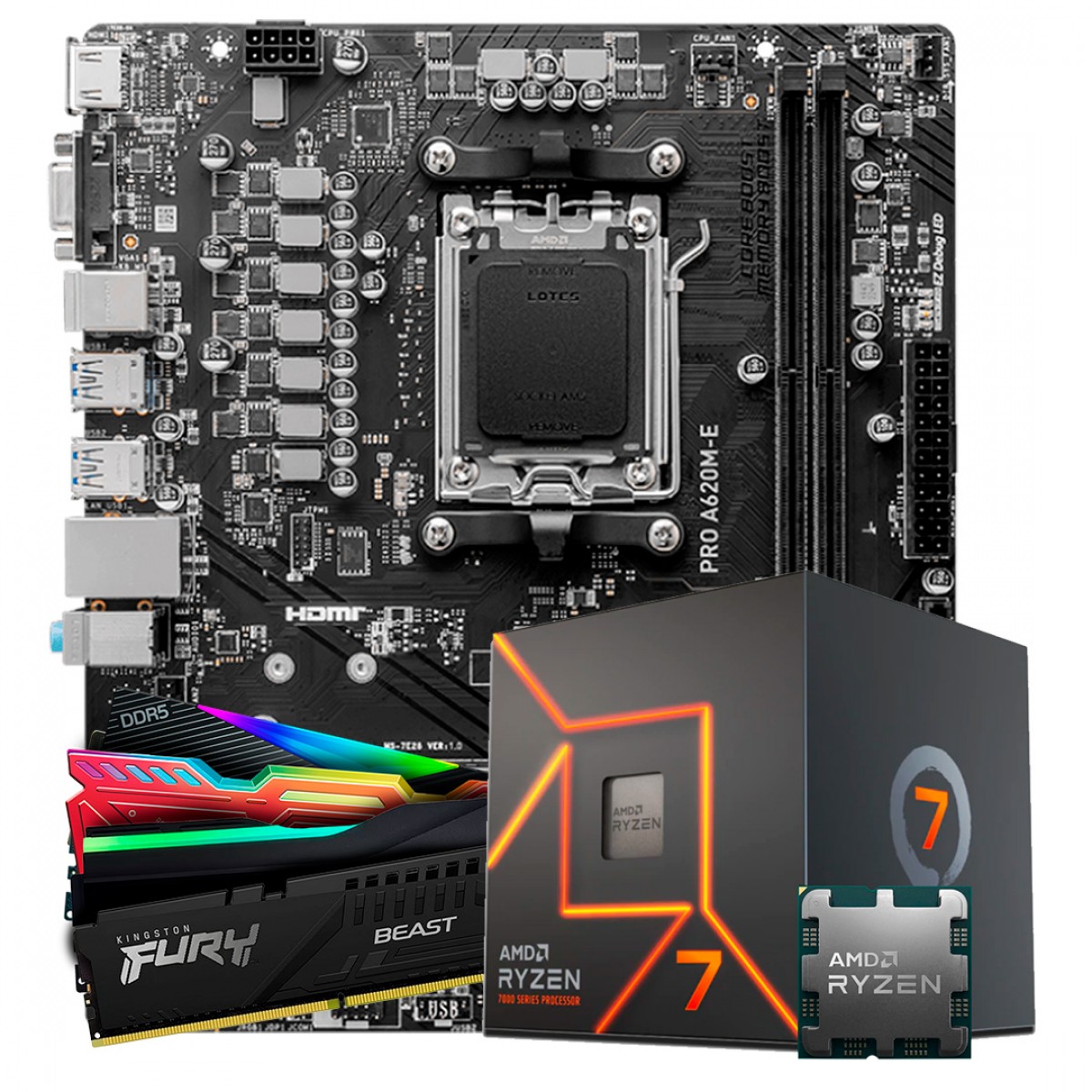 Kit Upgrade, AMD Ryzen 7 7700, MSI A620M-E AM5, Memória DDR5 16GB