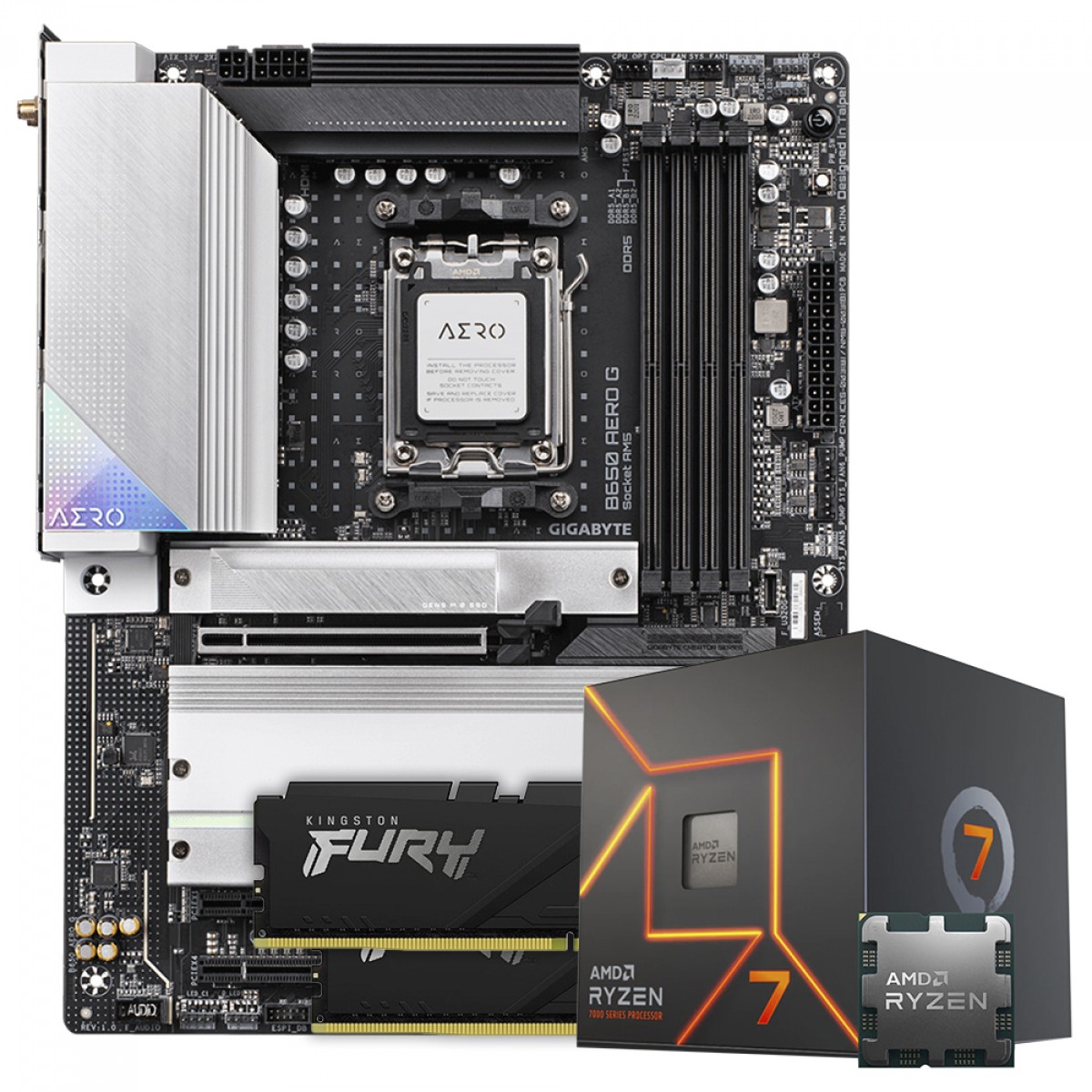 Kit Upgrade AMD Ryzen 7 7700 + Placa Mãe Gigabyte B650 AERO G + Kingston FURY Beast 32GB (2x16GB) 6000MHz