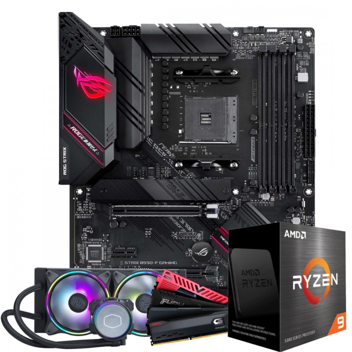 Kit Upgrade AMD Ryzen 9 5900X, Placa Mãe Asus Rog Strix B550-F Gaming,  Water Cooler