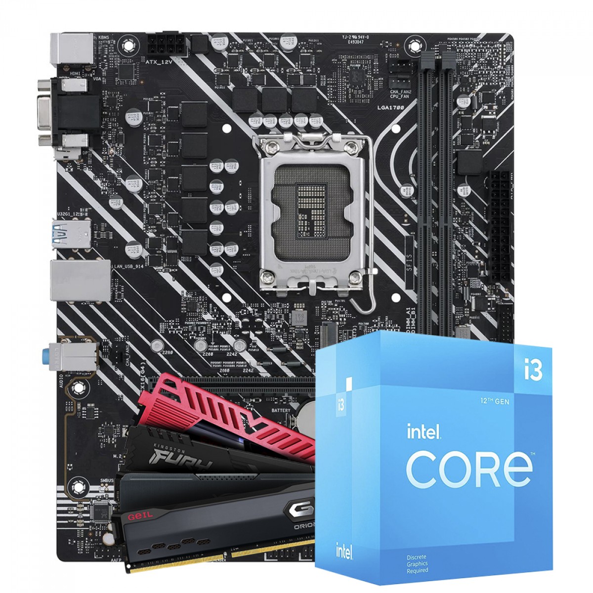 Kit Upgrade, Intel Core i3 12100F, Placa Mãe Chipset H610, Memória DDR4 8GB