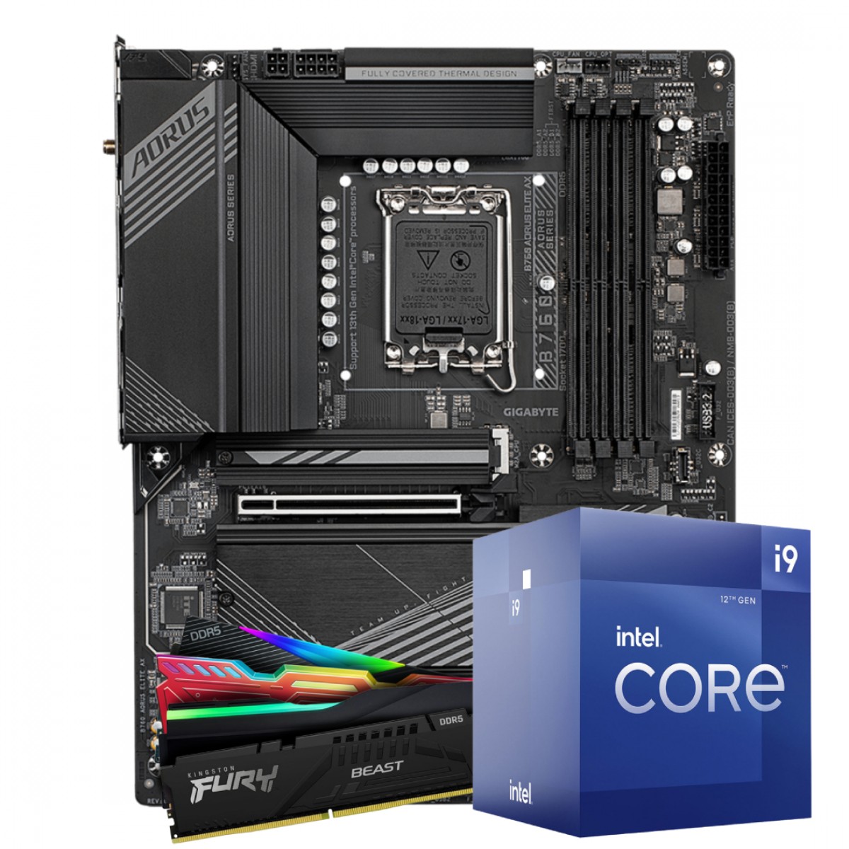 Kit Upgrade, Intel Core i9 12900, Placa Mãe Gigabyte B760 Aorus Elite AX, Memória 16GB DDR5