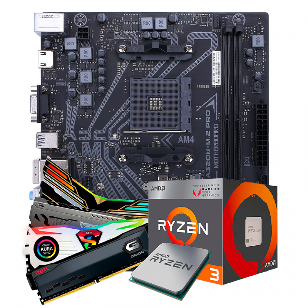 Kit Upgrade, AMD Ryzen 3 2200G, Colorful A320M-M.2 PRO V15, Memória DDR4 16GB (2x8GB) 3000MHz