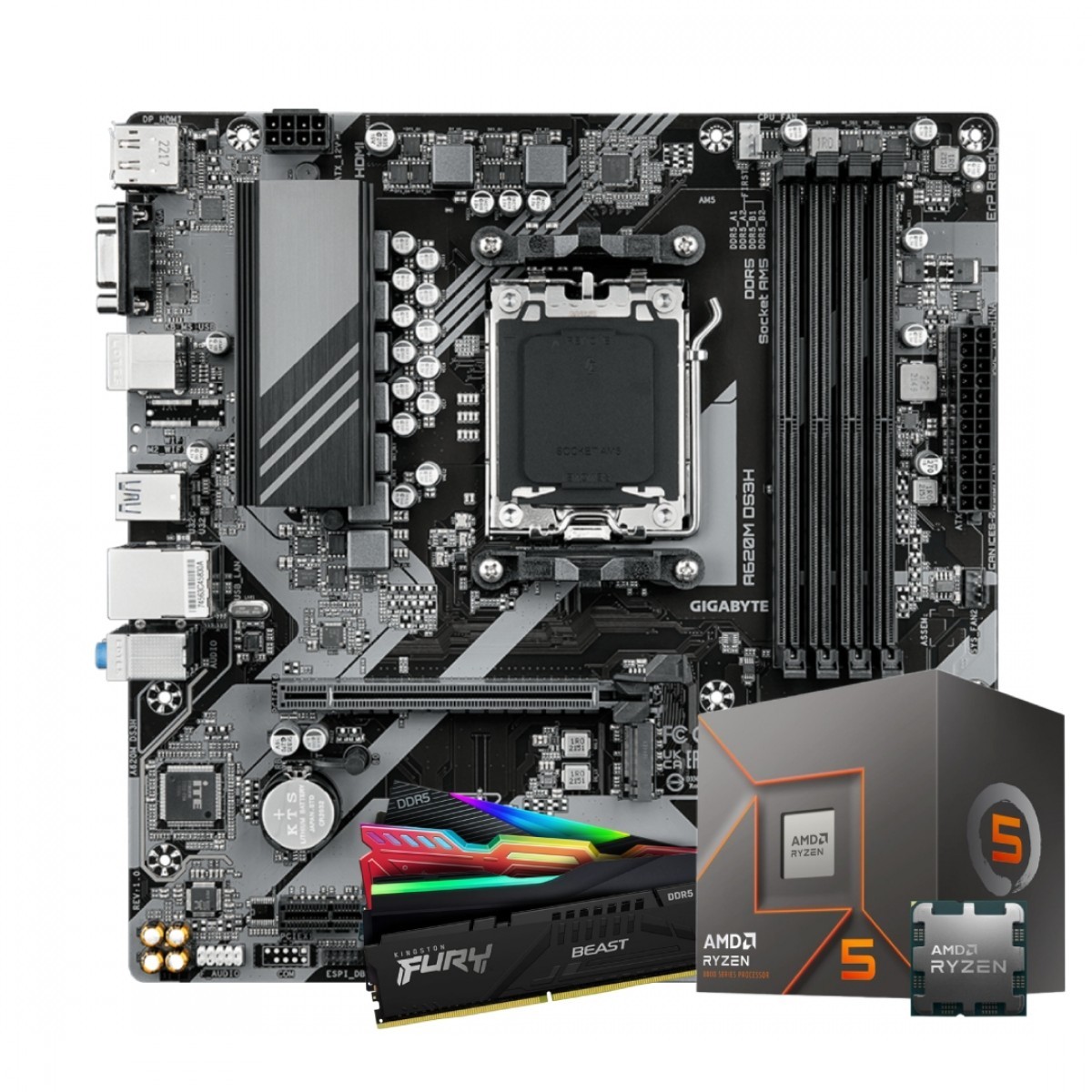 Kit Upgrade, Ryzen 5 8400F, Placa Mãe Gigabyte A620M H, Memória DDR5 8GB