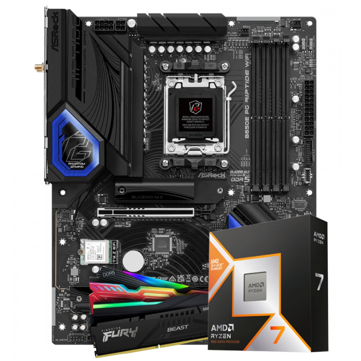 Kit Upgrade, Ryzen 7 9800X3D, Placa Mãe ASRock B650E PG Riptide WIFI, Memória 32GB DDR5