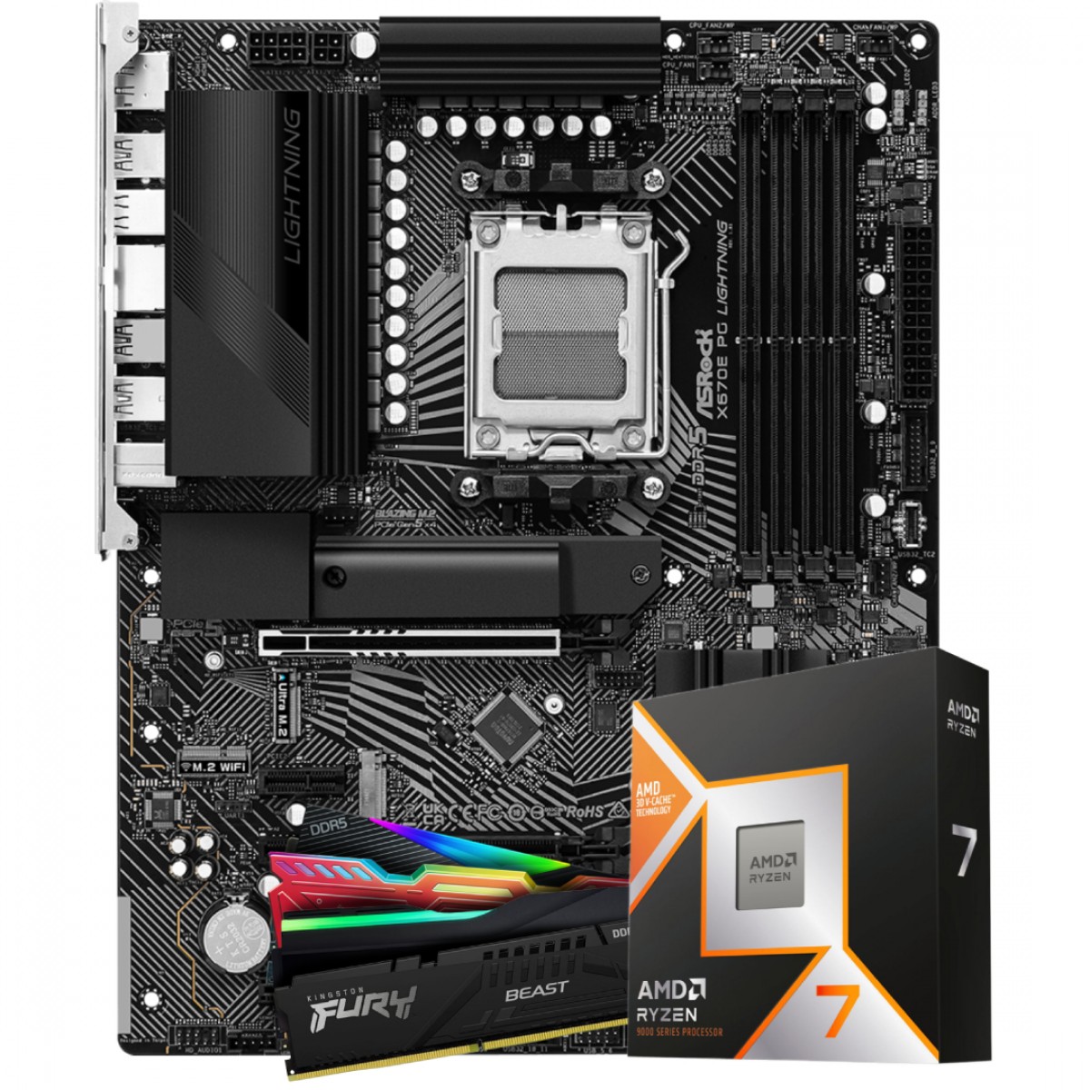 Kit Upgrade, Ryzen 7 9800X3D, Placa Mãe ASRock X670E PG Lightning, Memória 32GB DDR5