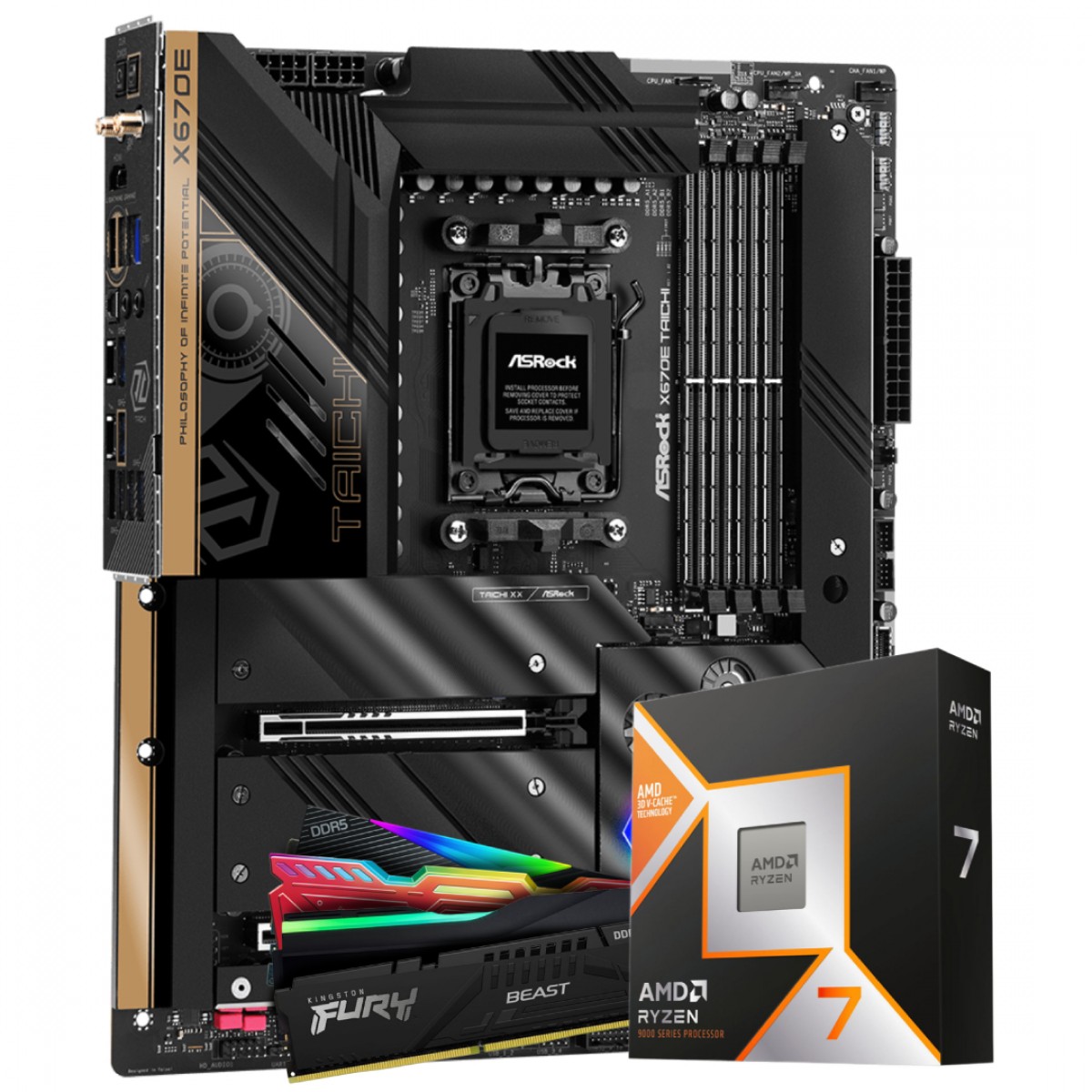 Kit Upgrade, Ryzen 7 9800X3D, Placa Mãe ASRock X670E Taichi, WIFI, Memória 32GB DDR5