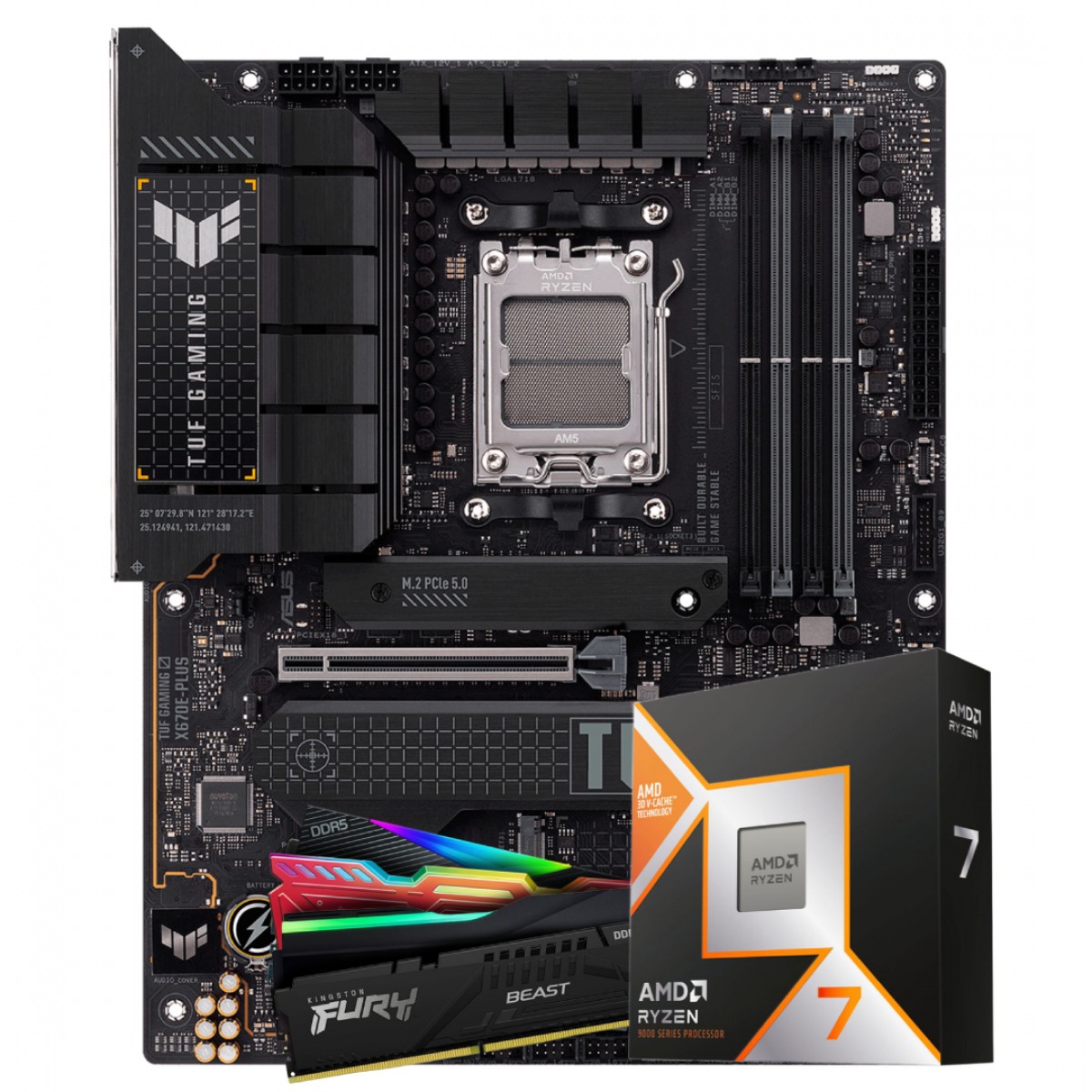 Kit Upgrade, Ryzen 7 9800X3D, Placa Mãe Asus TUF Gaming X670E-PLUS, WIFI, Memória 32GB DDR5