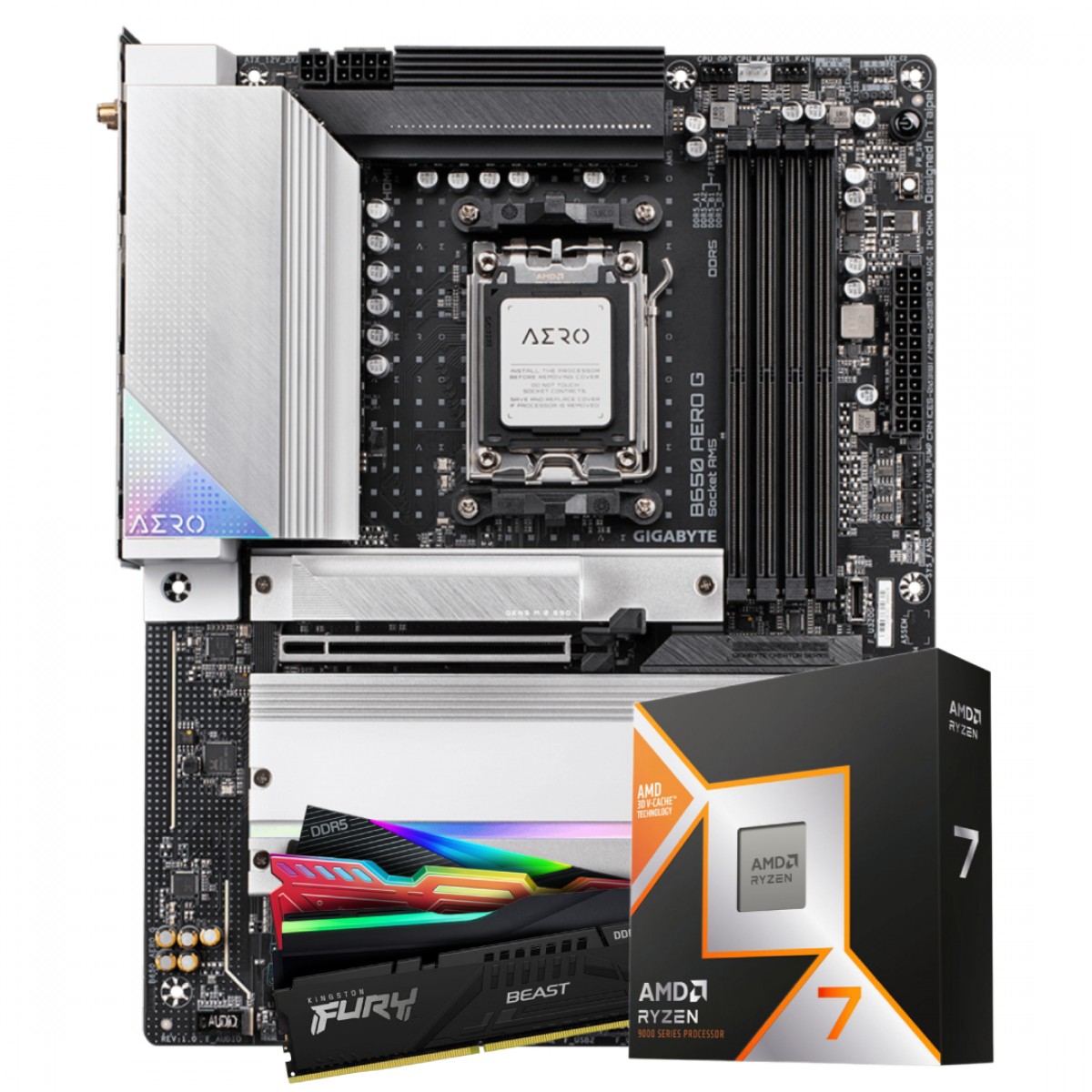 Kit Upgrade, Ryzen 7 9800X3D, Placa Mãe Gigabyte B650 AERO GI, Memória 32GB DDR5