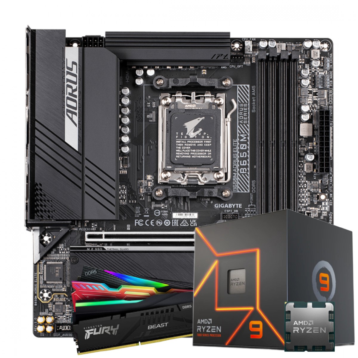 Kit Upgrade Ryzen 9 7900,  Placa Mãe Gigabyte B650M Aorus Elite, Memória 16GB DDR5
