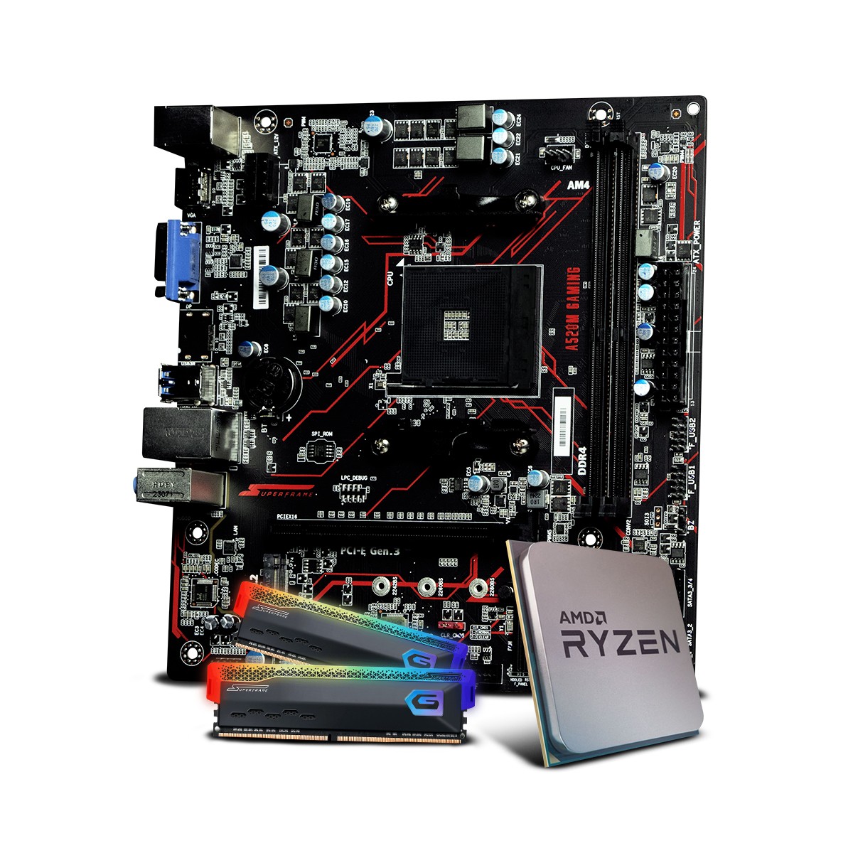 Kit Upgrade, Placa Mãe SuperFrame A520M Gaming, AMD Ryzen 3 4100, Memória DDR4 16GB (2X8GB)