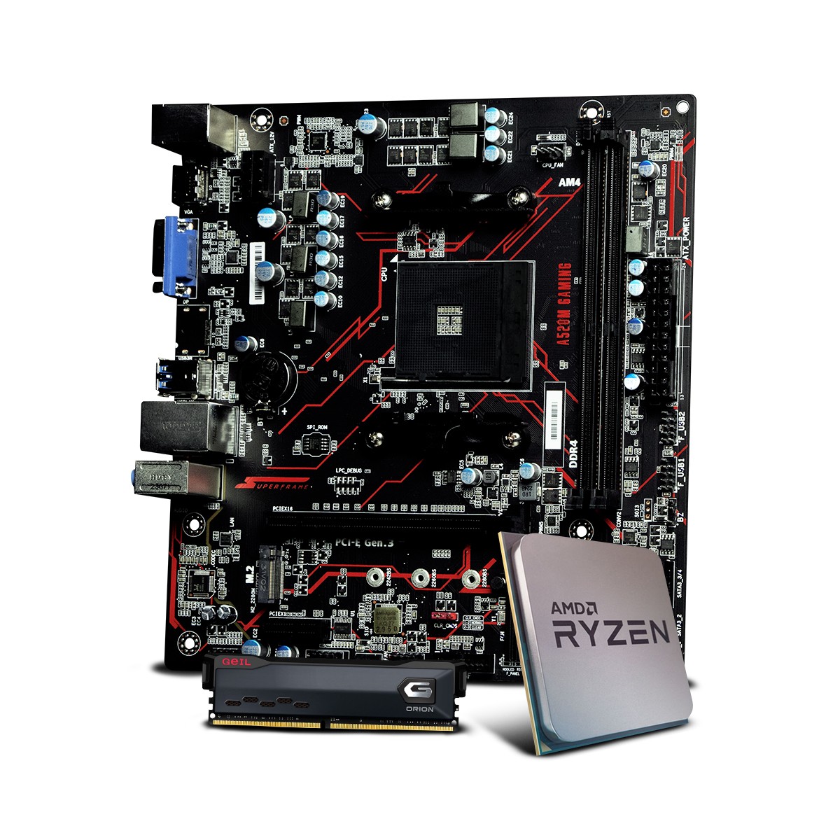 Kit Upgrade, AMD Ryzen 3 4100, Placa Mãe SuperFrame A520M Gaming, Memória DDR4 Geil Orion 8GB