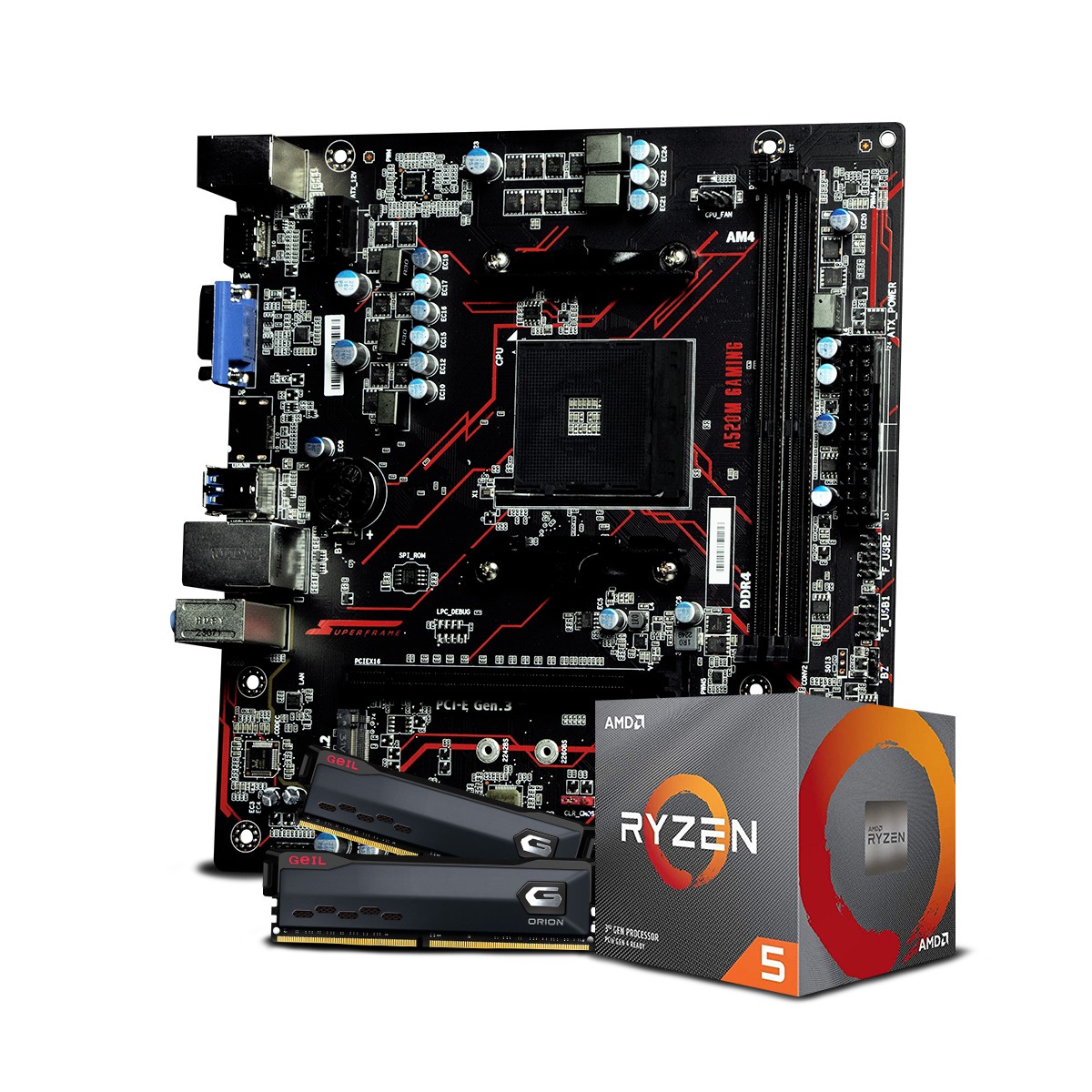 Kit Upgrade, AMD Ryzen 5 3600, Placa Mãe SuperFrame A520M Gaming, Memória DDR4 Geil Orion 16GB (2X8GB)