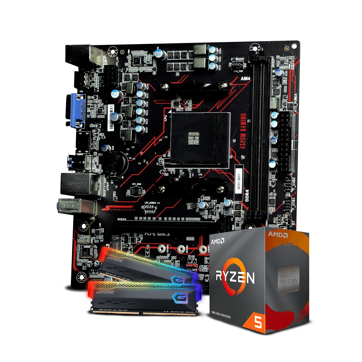 Kit Upgrade, Placa Mãe SuperFrame A520M Gaming, AMD Ryzen 5 4500, Memória DDR4 SuperFrame RGB 16GB (2X8GB)