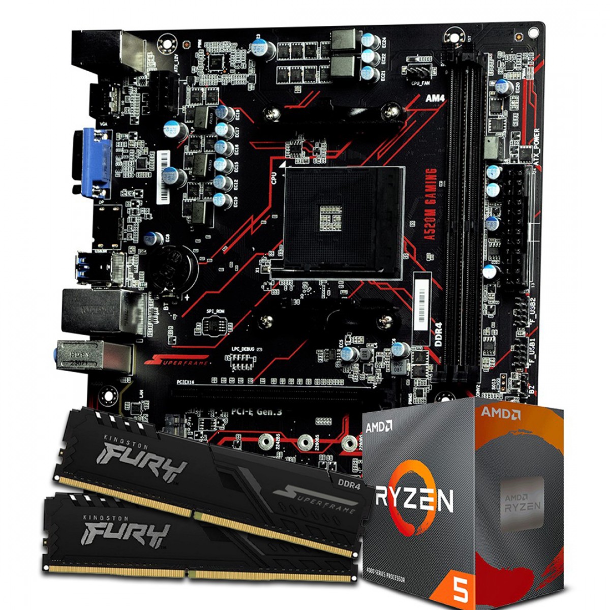 Kit Upgrade, Placa Mãe SuperFrame A520M Gaming, AMD Ryzen 5 4500, Memória DDR4 Kingston Fury SuperFrame 16GB (2x8GB)