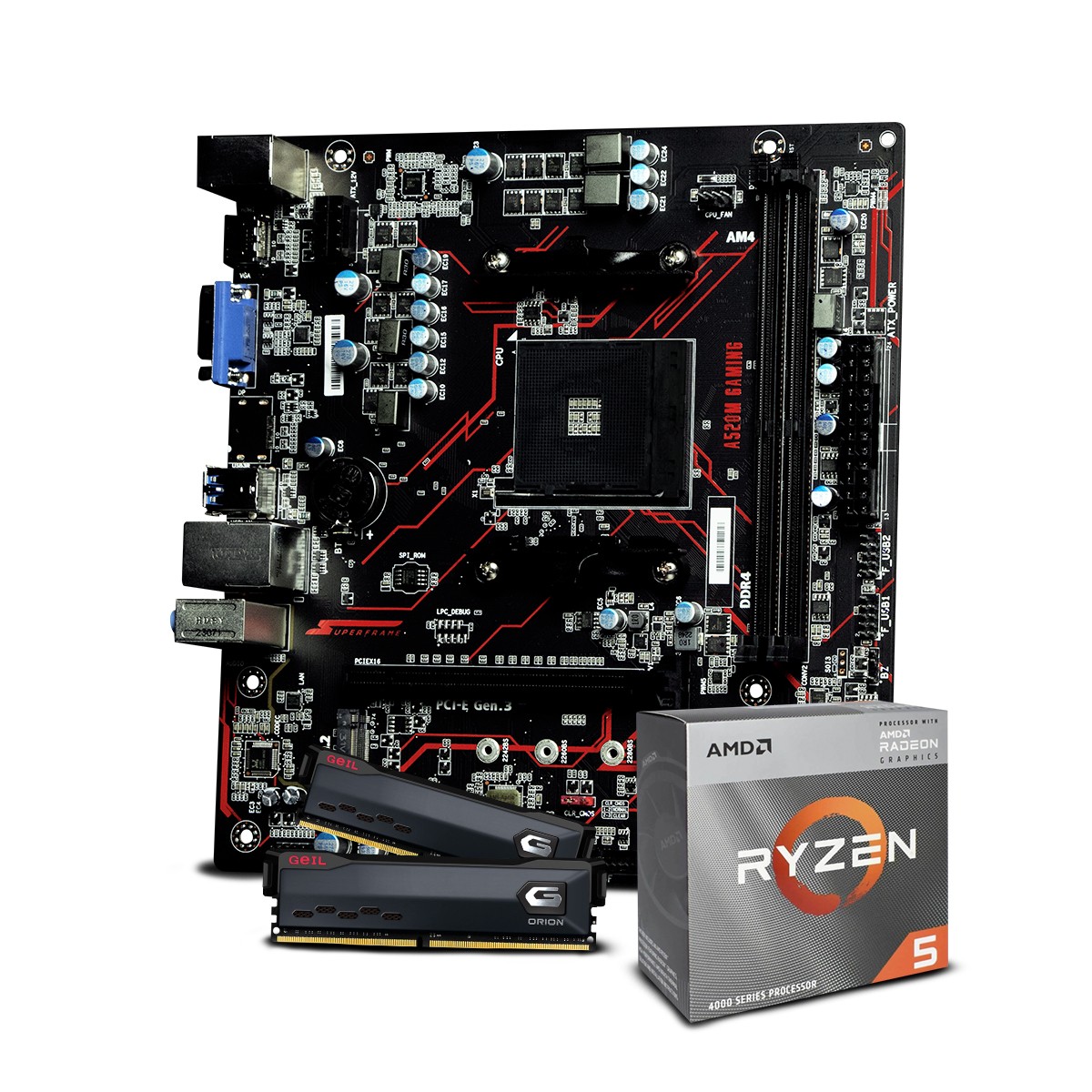Kit Upgrade, AMD Ryzen 5 4600G , Placa Mãe SuperFrame A520M Gaming, Memória DDR4 Geil Orion 16GB (2X8GB)