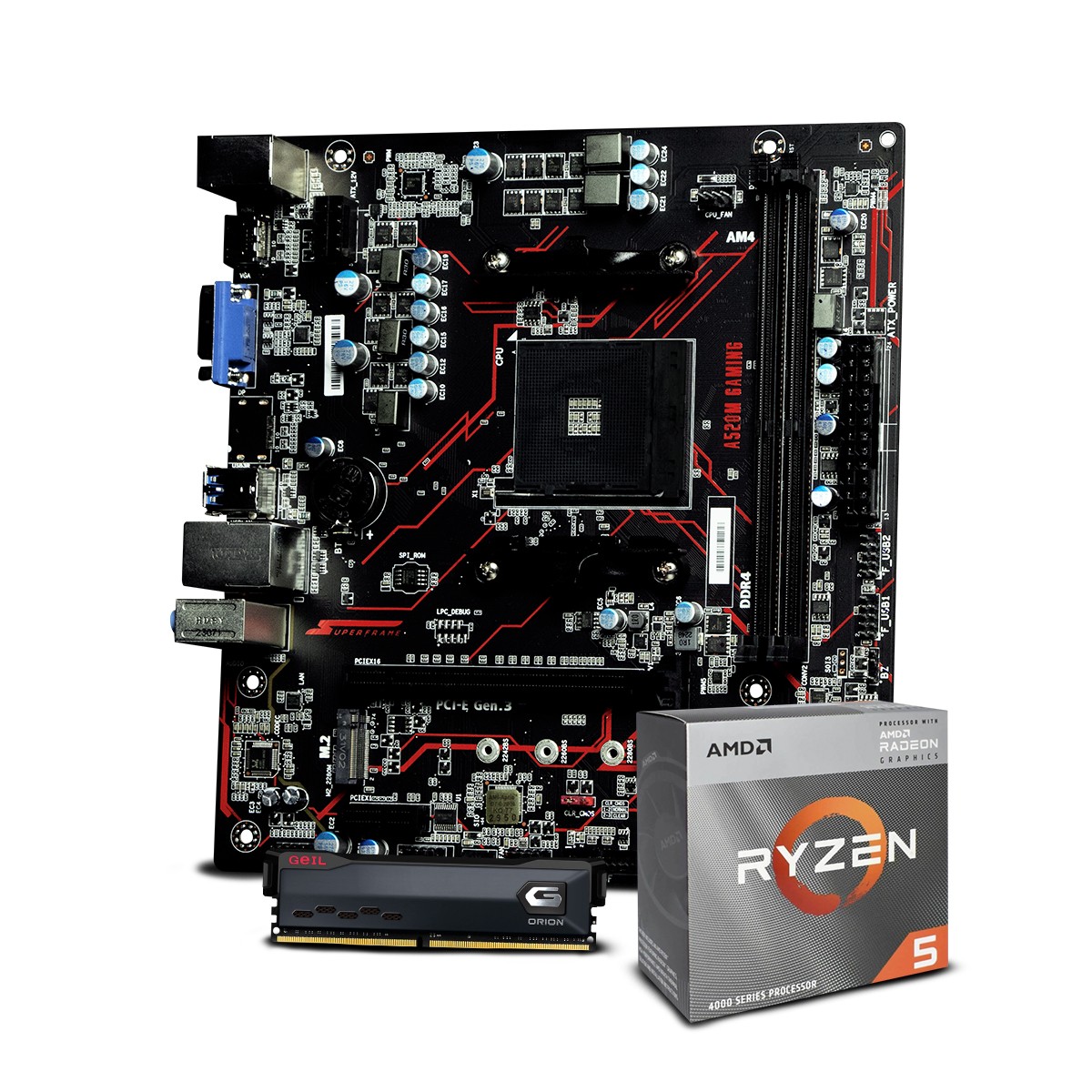 Kit Upgrade, AMD Ryzen 5 4600G, Placa Mãe SuperFrame A520M Gaming, Memória DDR4 Geil Orion 8GB