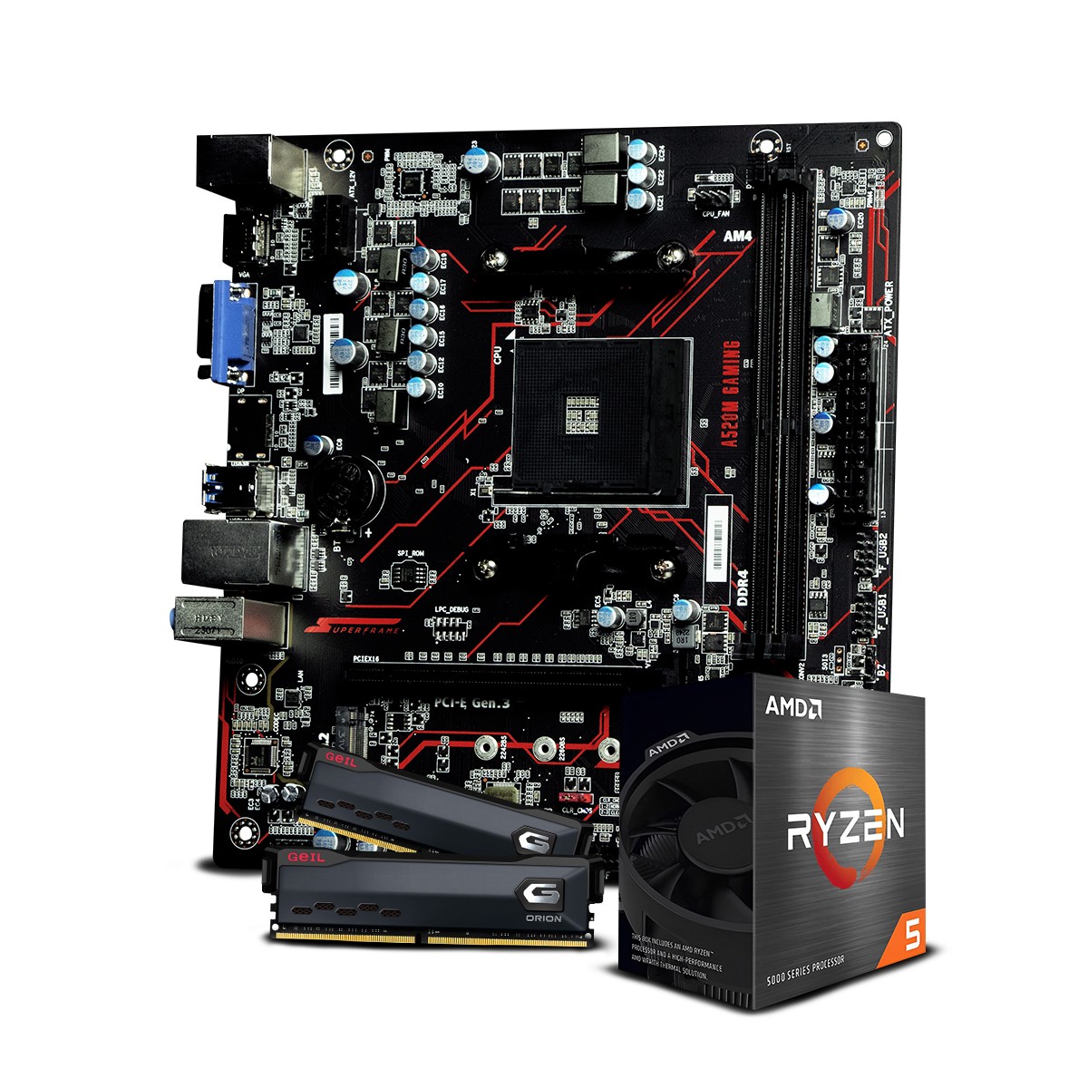 Kit Upgrade, AMD Ryzen 5 5500, Placa Mãe SuperFrame A520M Gaming, Memória DDR4 Geil Orion 16GB (2X8GB)