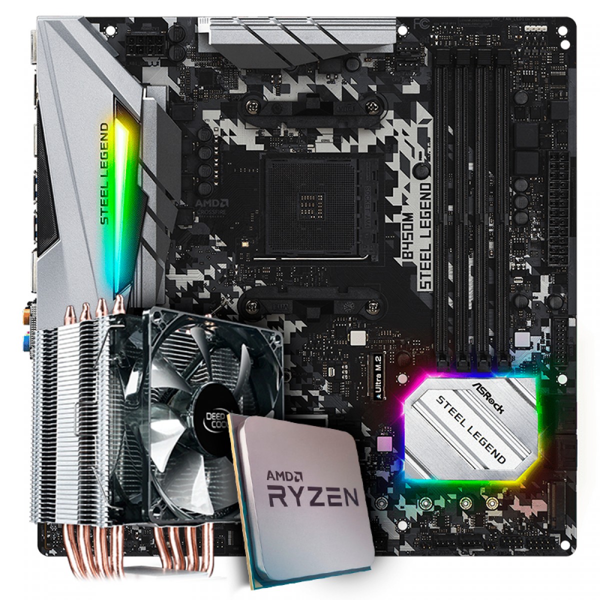 Kit Upgrade Placa Mãe ASRock B450M Steel Legend + Processador AMD Ryzen 7 3800x 3.9GHz + Cooler Deepcool Gammaxx 