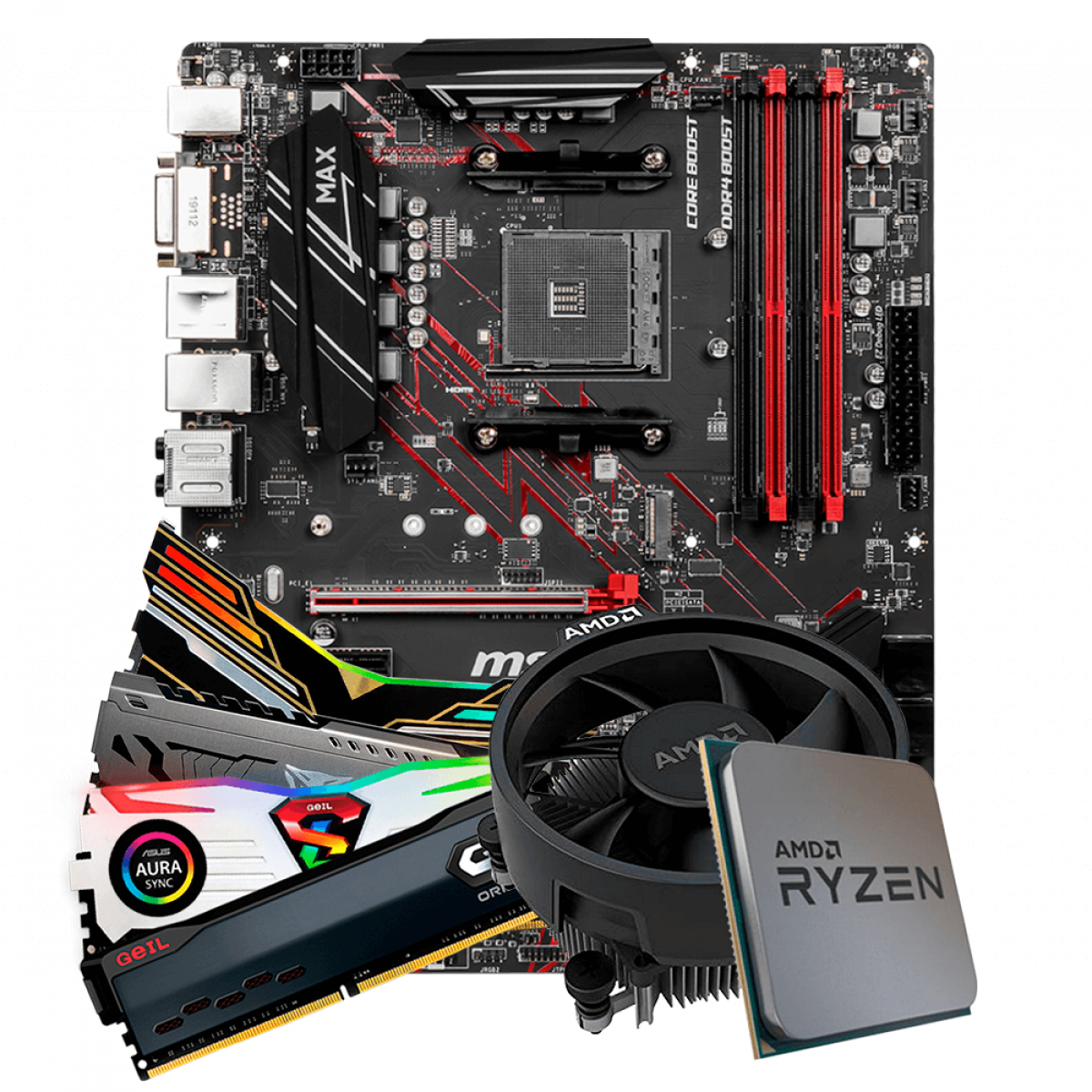 Kit Upgrade Placa Mãe MSI B450 Gaming Plus MAX + Processador AMD Ryzen 5 3600 3.6GHz + Memória DDR4 8GB 3000MHz