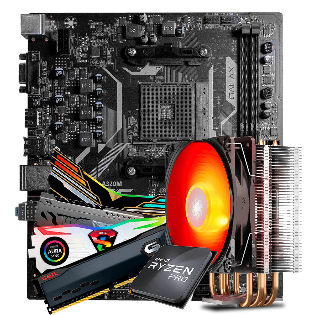 Kit Upgrade, AMD Ryzen 3 PRO 3200GE 3.8GHz Turbo + Cooler + Galax A320M + Memória DDR4 8GB 3000MHz