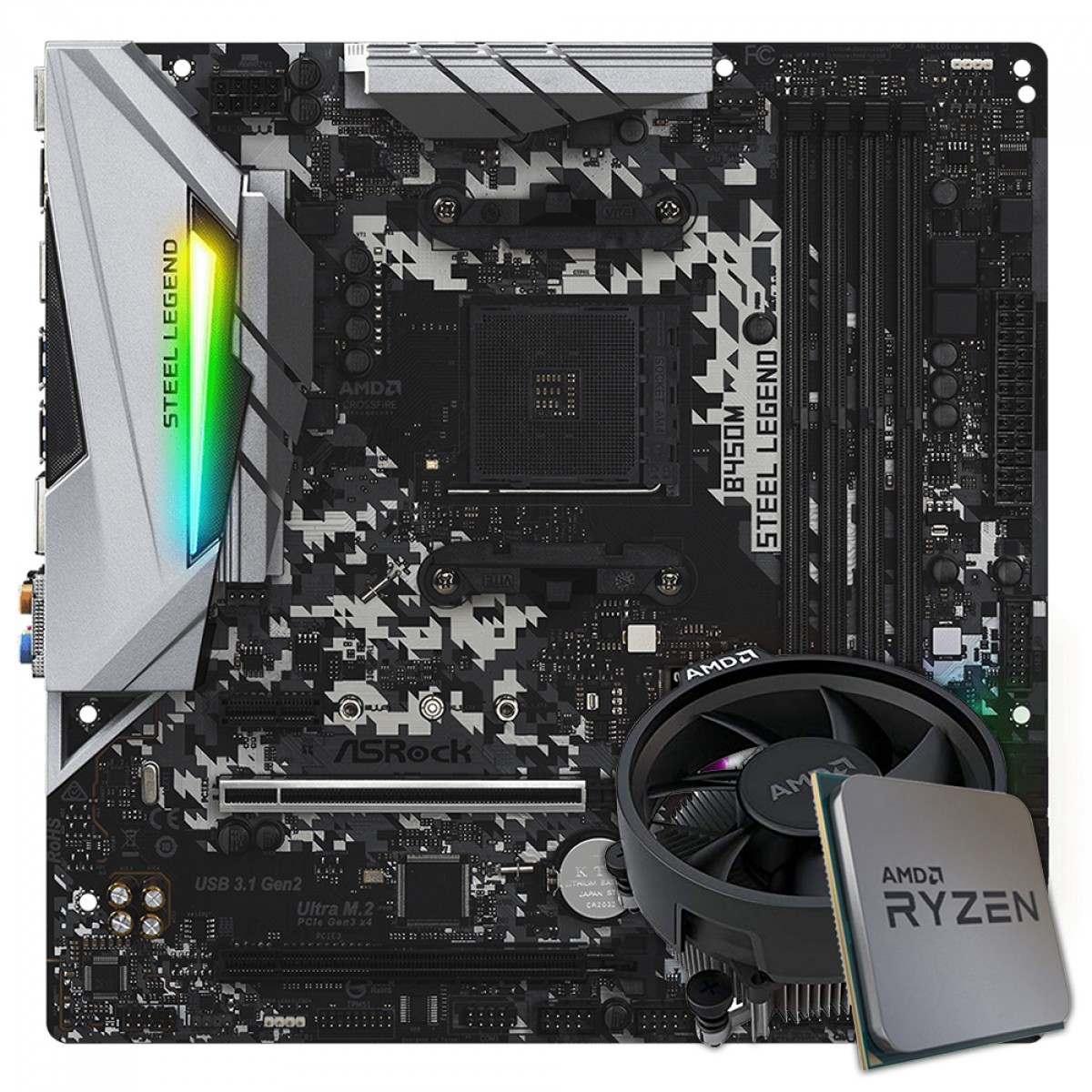 Kit Upgrade Placa Mãe ASRock B450M Steel Legend + Processador AMD Ryzen 5 3400G 3.7GHz (4.2GHz Turbo)